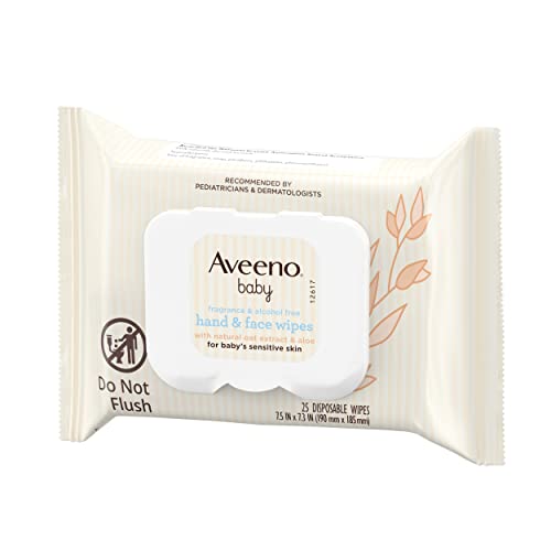 Aveeno Baby Fragrance-Free Hand & Face Wipes with Oat Extract & Aloe, Cleansing & Moisturizing Baby Wipes for Sensitive Skin, Sulfate-, Alcohol-, Paraben- & Dye-Free, Hypoallergenic, 25 ct (Pack of 4)