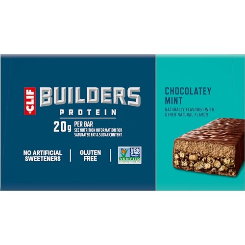 CLIF BUILDERS Protein Bars - Chocolatey Mint - 20g Plant Based Protein - Gluten Free - Non-GMO - Low Glycemic - No Artificial Sweeteners - 2.4 oz. (12 Pack)