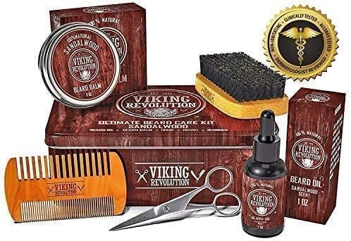 Viking Revolution Ultimate Grooming Kit for Men - Boar Brush, Wood Comb, Sandalwood Balm & Oil, Scissors for Beard & Mustache
