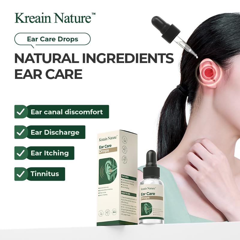 Kreain Nature Ear Care Drops for Ringing Ears, Gentle Formula Ear Drop with Botanical Extracts for Tinnitus Relief, Buzzing Ears, Swimmer's Ear & Earwax Removal - 1 oz - Adults & Kids Earache Remedy