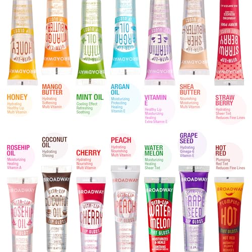 Ruby Kisses Broadway Vita-Lip Clear Lip Gloss (5 Pack Mint, Rosehip, Coconut, Argan Oil, Mango Butter), Ultra-Hydrating & Soothing Formula with Vitamin Oils, High-Shine Non-Sticky Finish Lip Balm