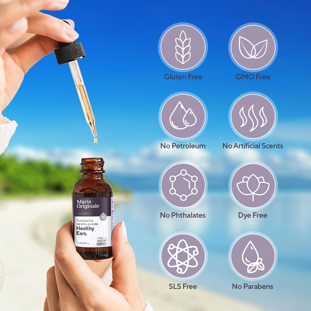 Marie Originals Natural Ear Oil Drops | Mullein Garlic Oil Ear Drops for Infection Prevention, Herbal Ear Ache Drops for Adults, Kids & Pets, Soothes Ear Pain & Wax Removal, Earache Remedies (1 Pack)