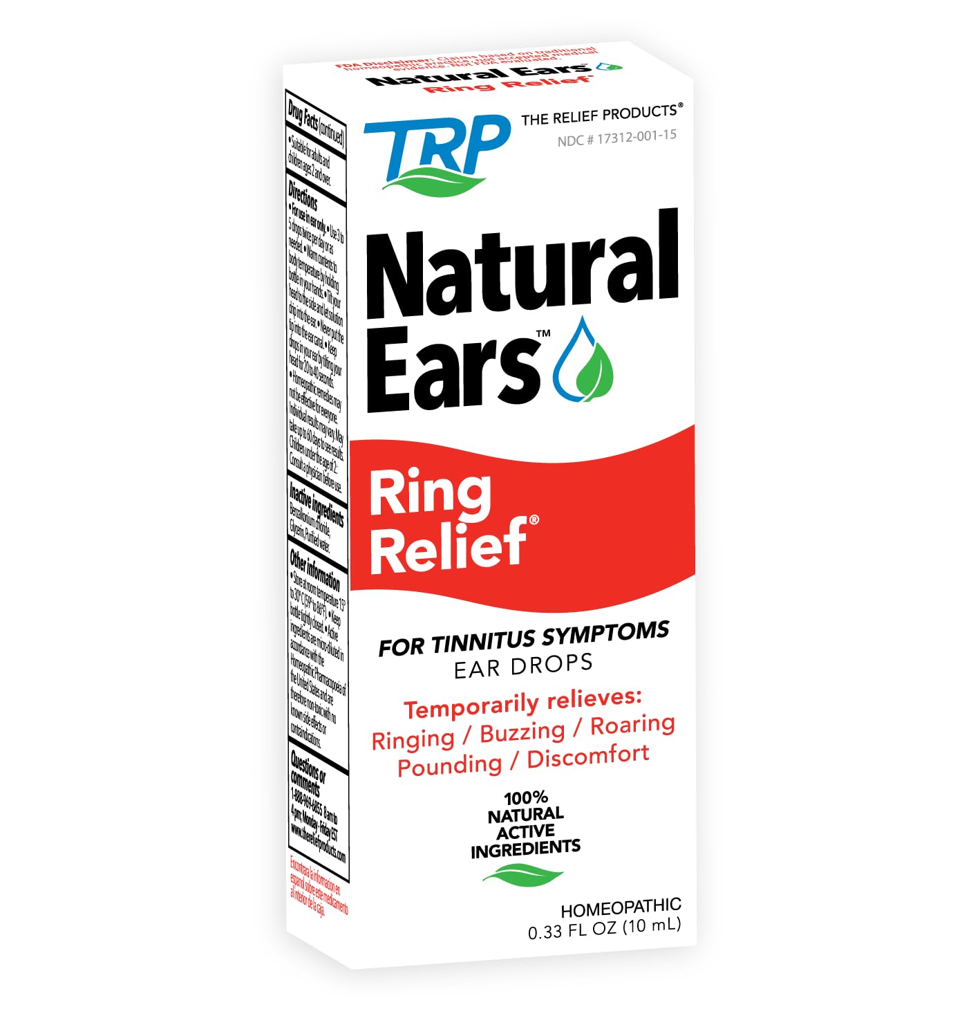The Relief Products Ring Relief Ear Drops Formula - 100% Natural Active Ingredients Tinnitus Relief for Ringing Ears - 0.33 Fl. Oz.