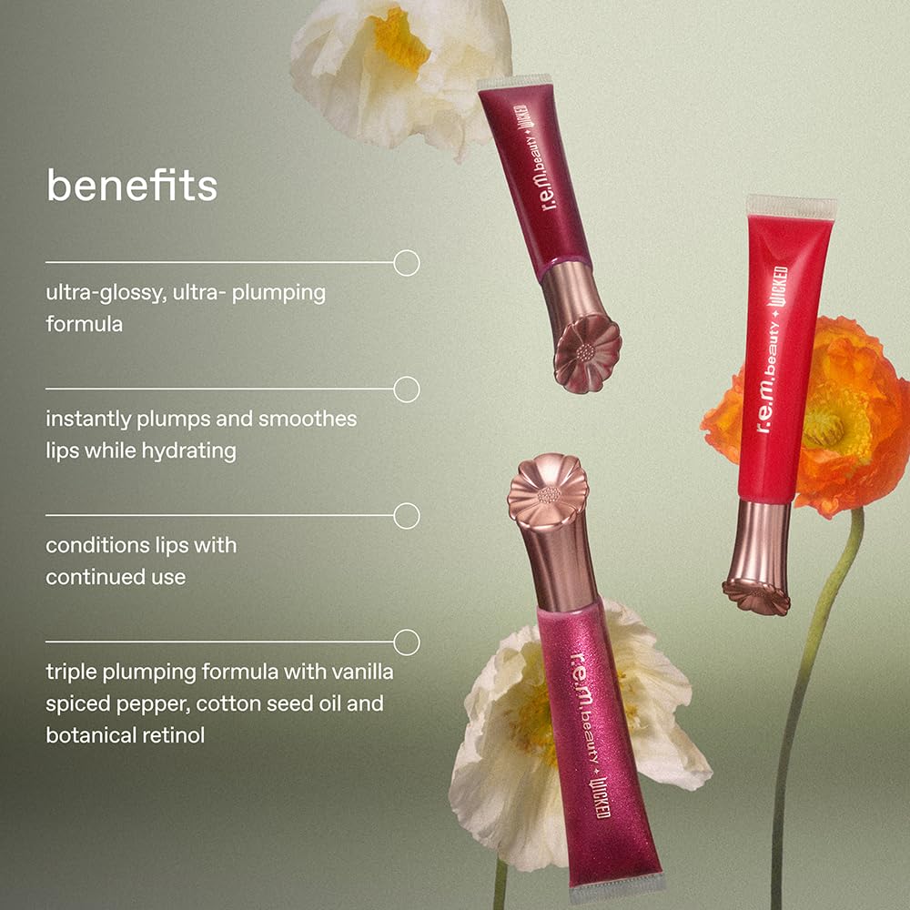 r.e.m. beauty by Ariana Grande Wicked: For Good | Poppy Plumping Lip Gloss | Pretty as a Poppy | Instant Plumping Effect for Hydrated, Softer and Smoother Lips | Silky, Non-Sticky Feel | 0.34 Fl Oz