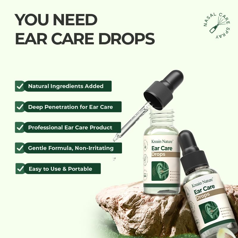 Kreain Nature Ear Care Drops for Ringing Ears, Gentle Formula Ear Drop with Botanical Extracts for Tinnitus Relief, Buzzing Ears, Swimmer's Ear & Earwax Removal - 1 oz - Adults & Kids Earache Remedy