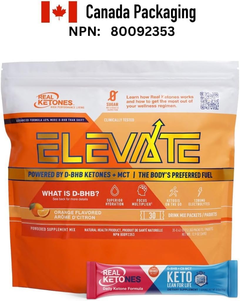 Real Ketones MCT & BHB Exogenous Ketones Drink Mix Packets Elevate Keto Electrolytes Powder Packets No Sugar with 4 Main Electrolytes Plus Hydrating Proprietary Keto BHB - 30 Pack Orange