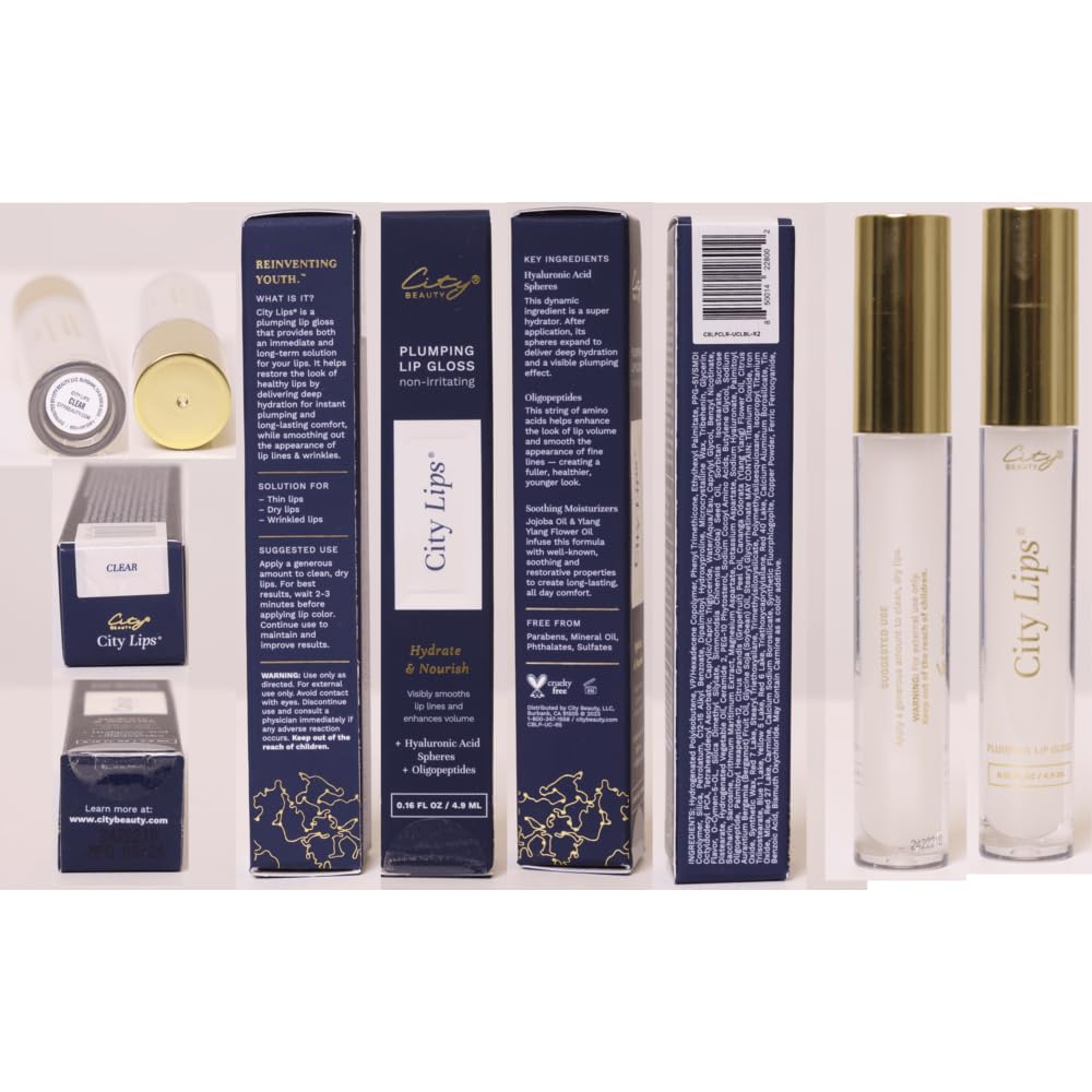 City Beauty City Lips Clear - Plumping Lip Gloss - Hydrate & Volumize - High Shine Lip Plumper - Hyaluronic Acid & Peptides Visibly Smooth Lip Wrinkles - Cruelty-Free (Clear, Pack of 1)