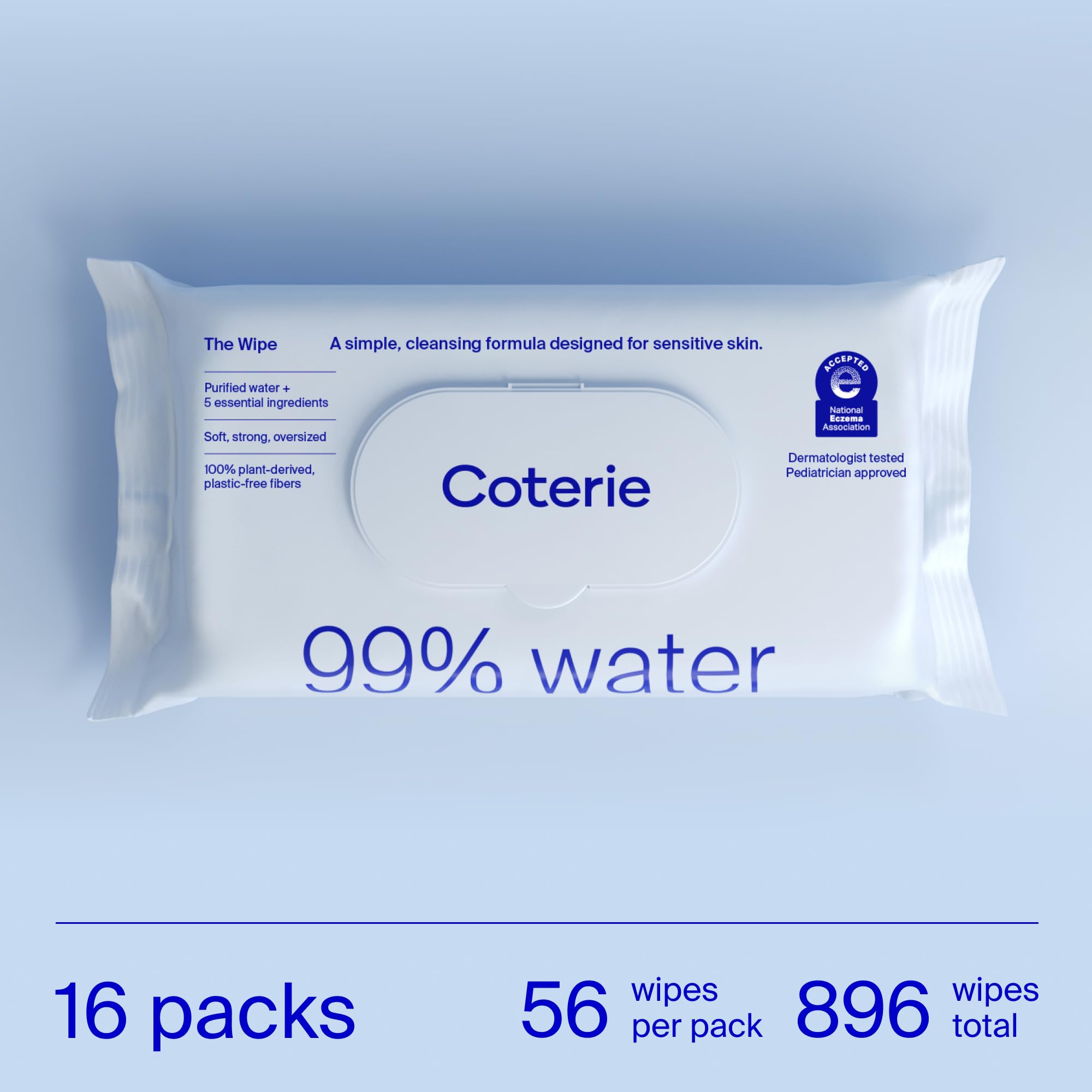 Coterie Baby Wipes for Sensitive Skin, Plant-Based and Plastic-Free Fibers, 99% Water, Hypoallergenic, pH Balanced, Unscented, Clean and Gentle Baby Essentials, 16 Pack, 896 Count