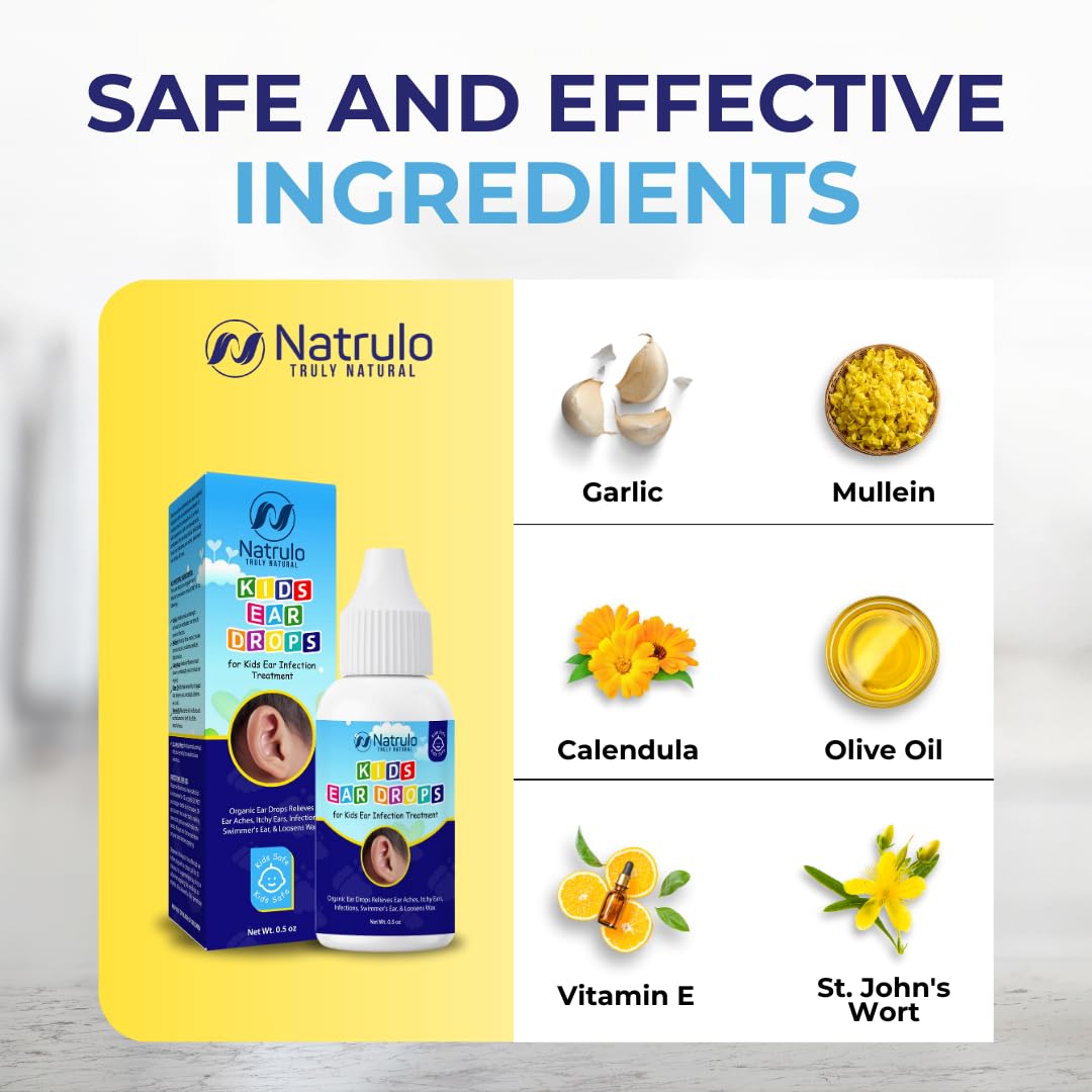 Natrulo Natural Ear Drops for Kids Ear Infection Treatment – Organic Children Ear Oil Drops Relieves Ear Aches, Itchy Ears, Infections, Swimmer's Ear, & Loosens Wax – Kids Safe, Made in USA