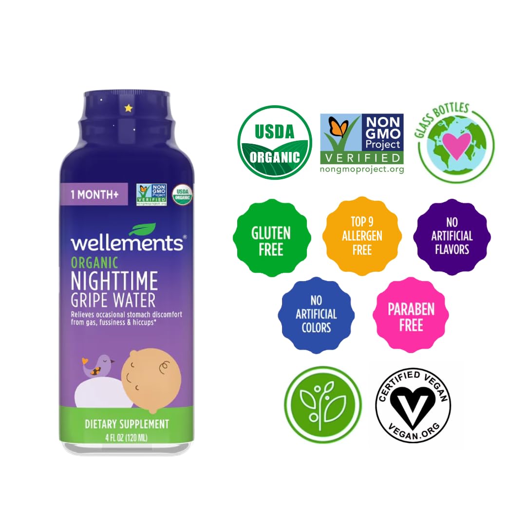 Wellements Organic Nighttime Gripe Water for Babies 1 Month+ (4 Fl Oz) - Baby Gripe Water for Bedtime Relief Gas, Colic & Fussiness - Herbs Promote a Peaceful Night’s Sleep - USDA Certified & Non GMO