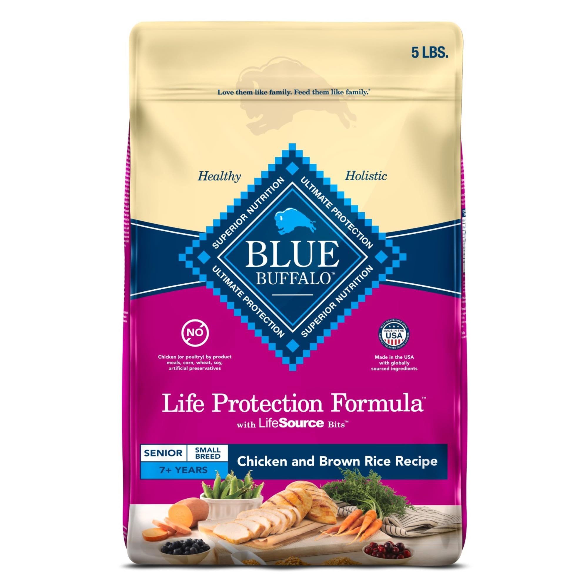 Blue Buffalo Life Protection Formula Small Breed Senior Dry Dog Food, Supports Joint Health and Immunity, Made with Natural Ingredients, Chicken & Brown Rice Recipe, 5-lb Bag