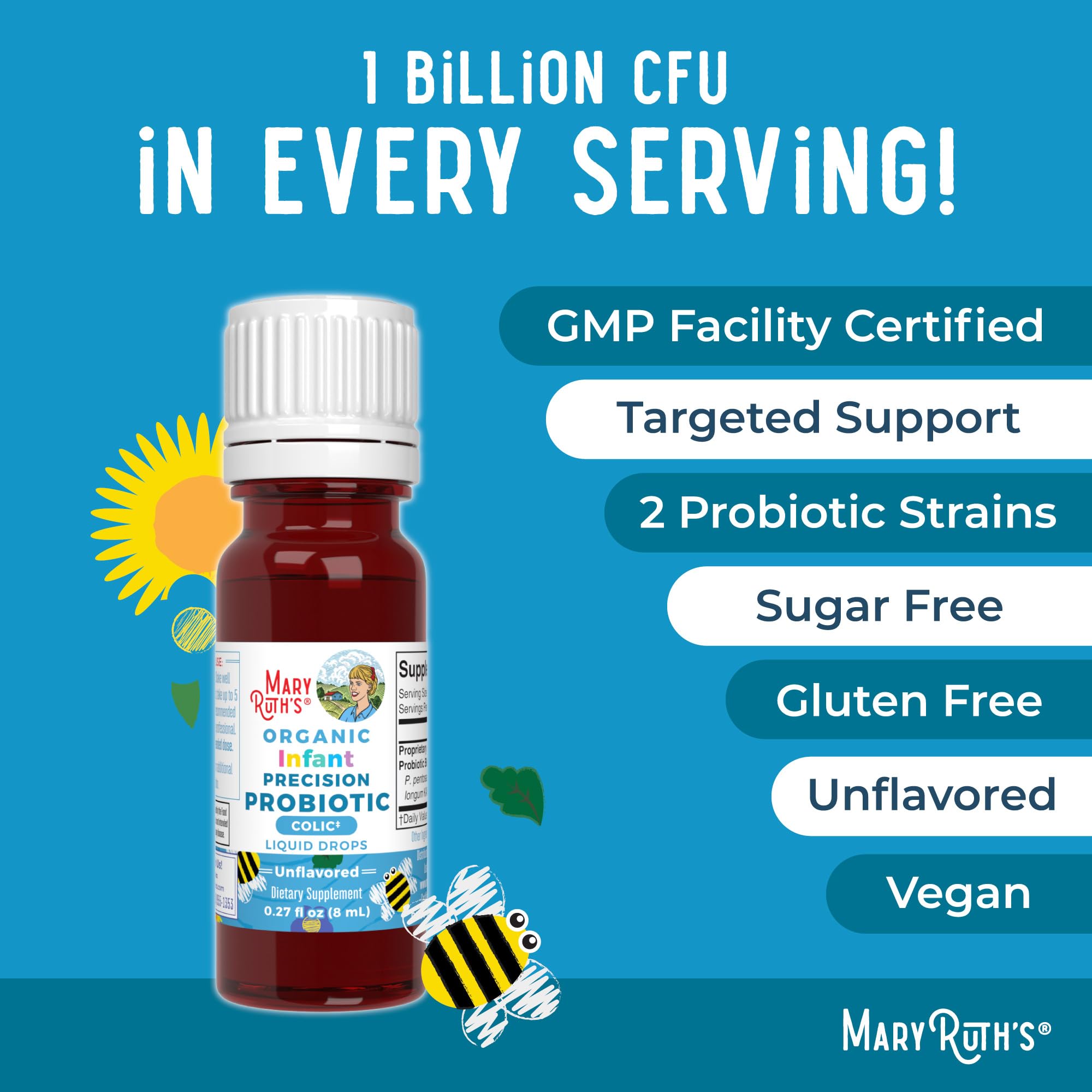 MaryRuth Organics Baby Probiotic Drops | Liquid Precision Probiotics for Digestive Health | Colic Calm | Occasional Colic Baby Relief | USDA Organic | Vegan | Baby Essentials| 30 Servings