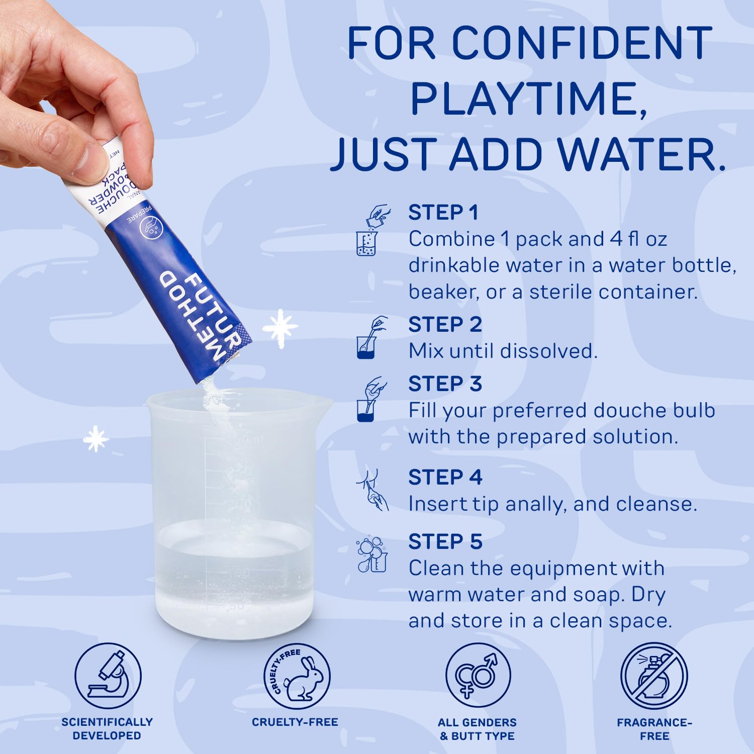 Anal Douche Powder with Reuseable Beaker - pH Balanced & Soothing Anal Flush Cleanser for Enema Bulbs (10 Pack)