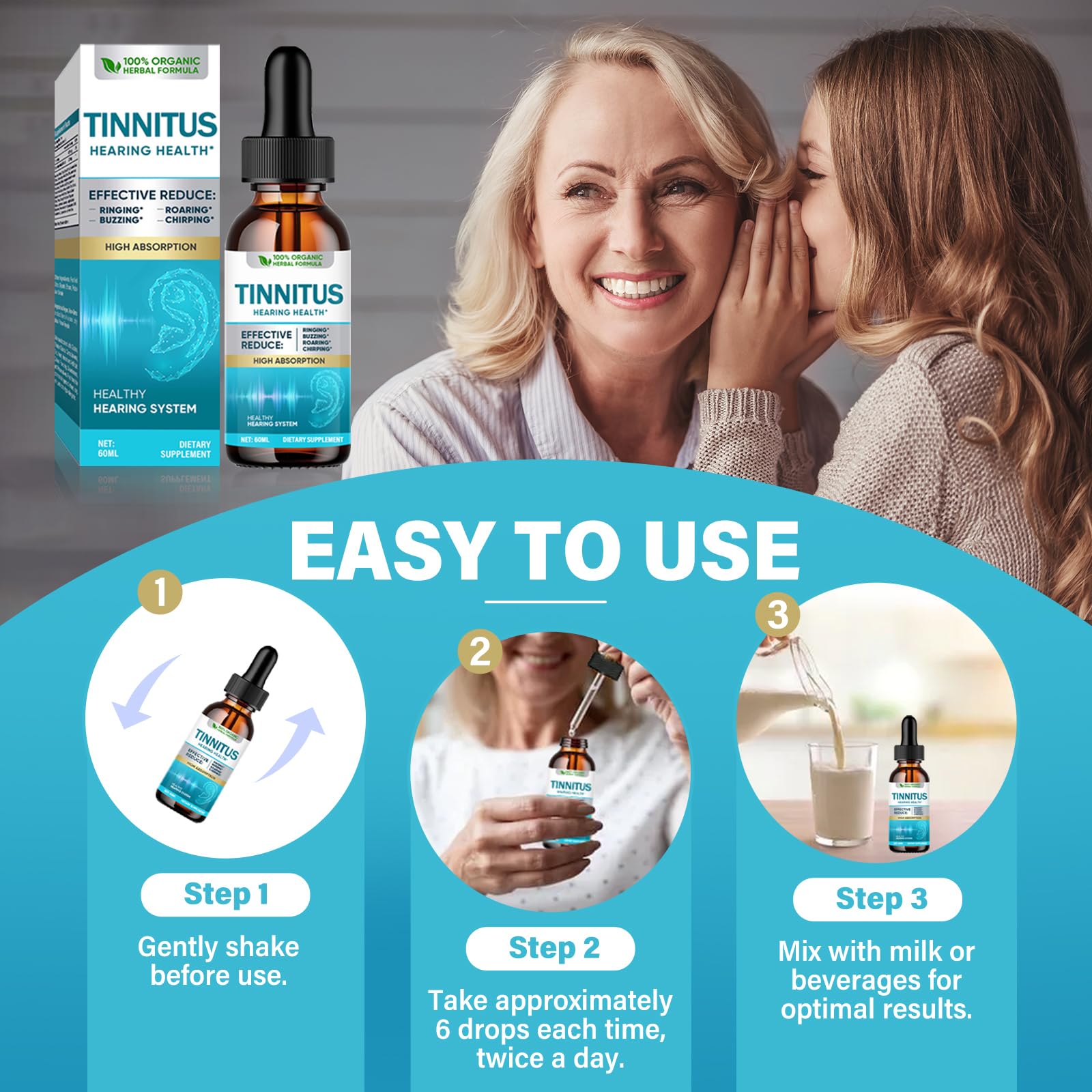 Tinnitus Relief for Ringing Ears, Natural Tinnitus Support Drops, Effective Support for Men & Women
