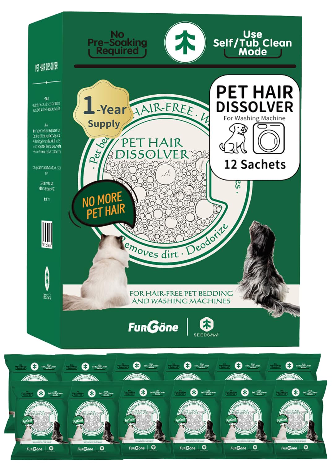 FurGone by Seedshub Pet Hair Dissolver Washing Machine Cleaner Powder, 12 Months Supply, Dog Cat Fur, Stains & Odors Remover for Laundry, Pet-Friendly, Deep Cleaning for HE Top & Front Load,12 Sachets