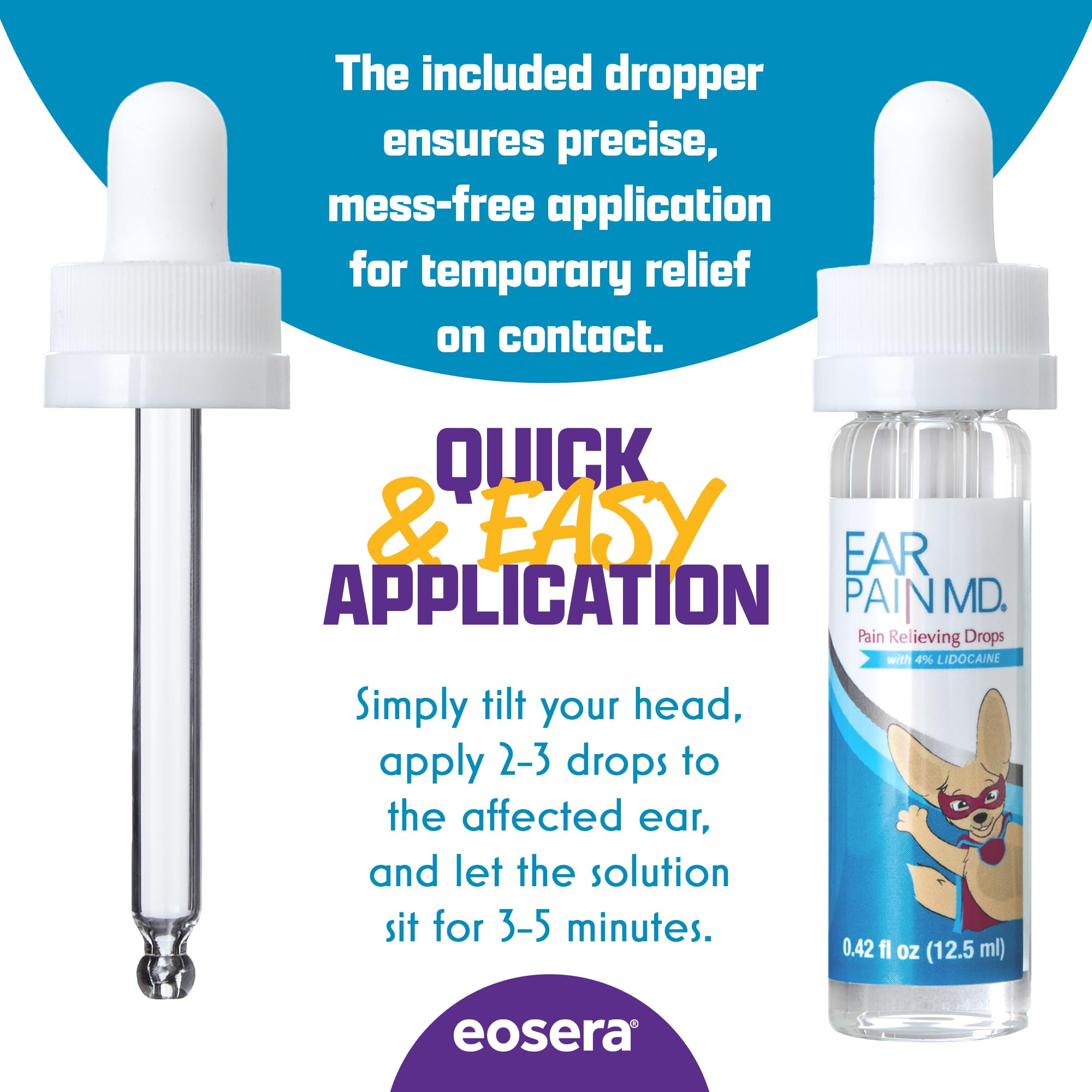 Eosera® Ear Pain MD® for Kids - Maximum Strength Earache Relief Drops with Lidocaine - Doctor Recommended Ear Medicine for Children, Babies & Toddlers 2+ - Fast-Acting Ear Drop Pain Reliever - 12.5mL