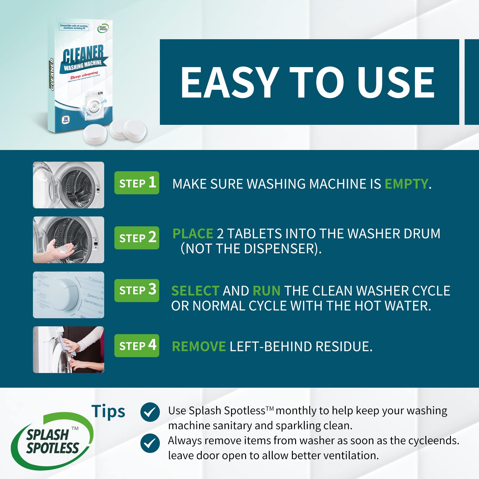 SPLASH SPOTLESS® Washing Machine Cleaner Deep Cleaning for HE Top Load Washers and Front Load, 24 Tablets.