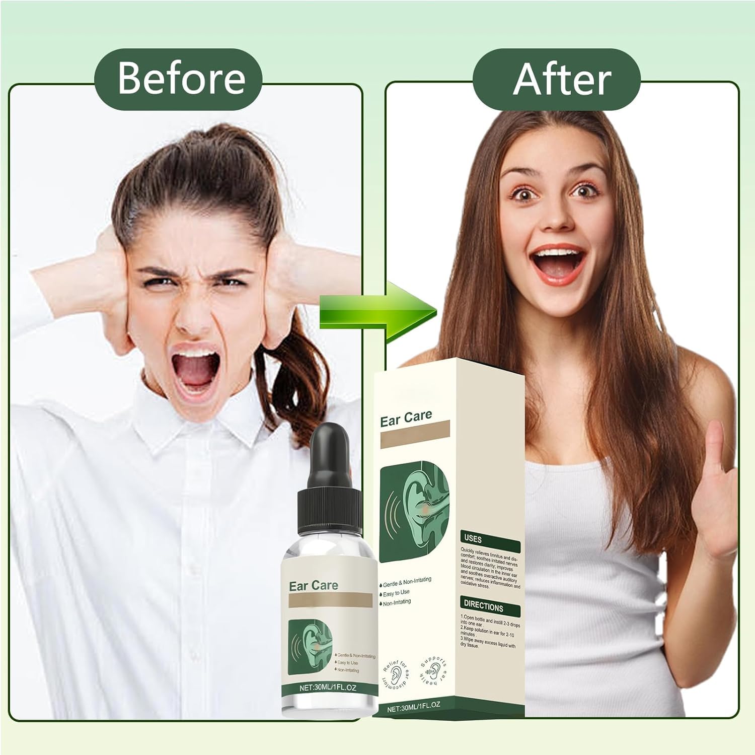 Ear Care Drops Gentle Formula 2PCS, Natural Ingredients, Relieve Tinnitus by Unblocking Secretions for Daily Ear Hygiene, Easy to Use & Portable for Men & Women