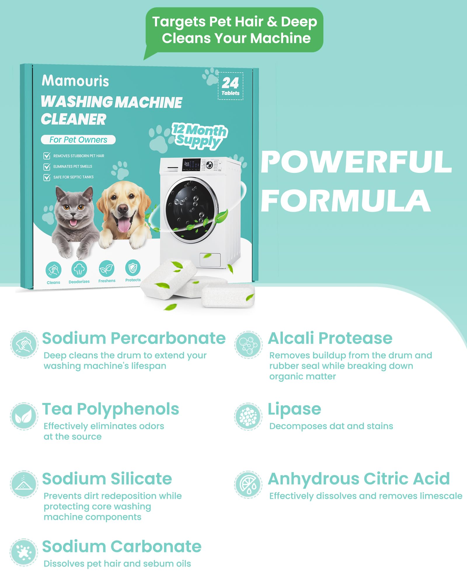 Mamouris Washing Machine Cleaner Tablets: 24 Pack Deep Cleaning For HE, Front Loader & Top Load Washer, Removes Pet Hair, Odors, Formulated for Pet Owners, Septic Safe, 12 Month Supply, 11G