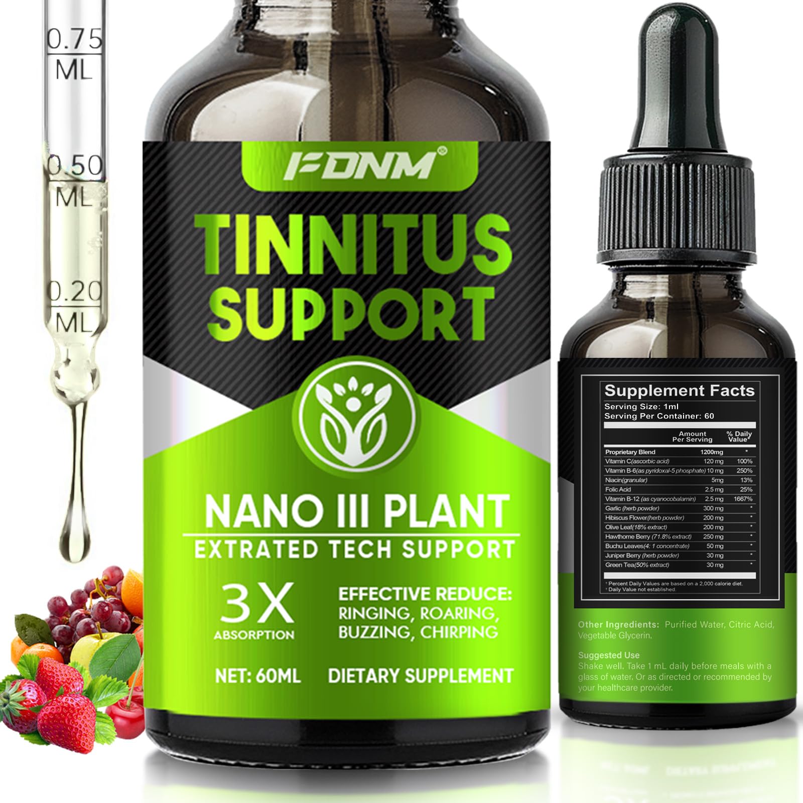 FDNM Tinnitus Relief for Ringing Ears, 60 ML Tinnitus Relief Drops, Natural Ear Support for Ringing & Noise Reduction, Soothes Discomfort & Improve Hearing, Gentle and Portable, High Absorbability