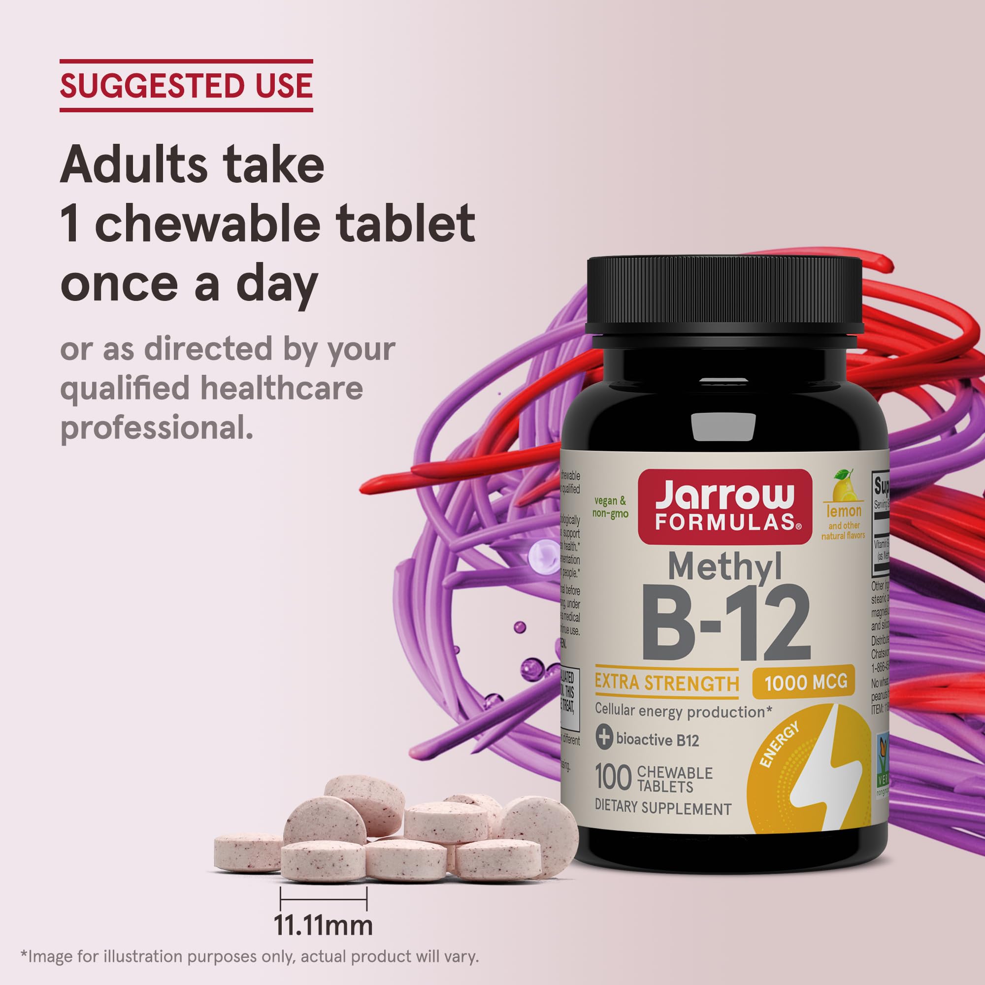 Jarrow Formulas Methyl Vitamin B-12 1000 mcg, 100 Chewable Tablets, Lemon Flavored- Bioactive B12 Vitamin - Supports Cellular Energy Production, Brain Health & Metabolism - 100 Servings