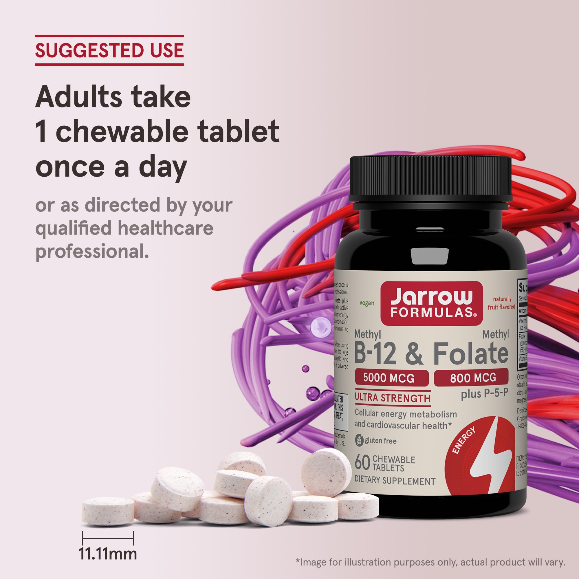 Jarrow Formulas Methyl B-12 & Methyl Folate, Bioactive Vitamin B9 and Vitamin B12 Supplement, Supports Cellular Energy Production, Healthy Brain Function & Metabolism, 60 Chewable Tablets, 60 Servings