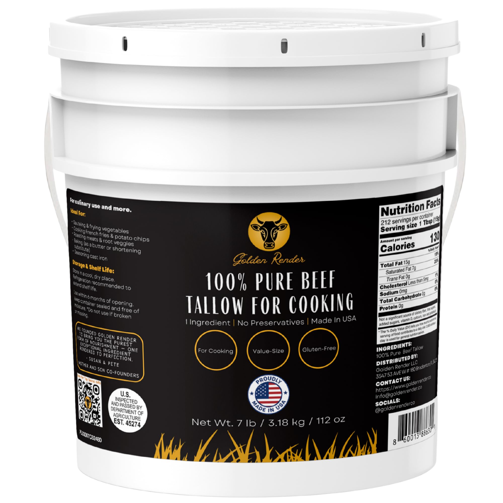 100% Pure Beef Tallow for Cooking & Deep Frying - 7lb Bulk Size - Food Grade Non-GMO | Nose to Tail | Made in USA | Gluten-Free | Great For Roasting, Baking, Cast Iron Seasoning, Candles, & Soap