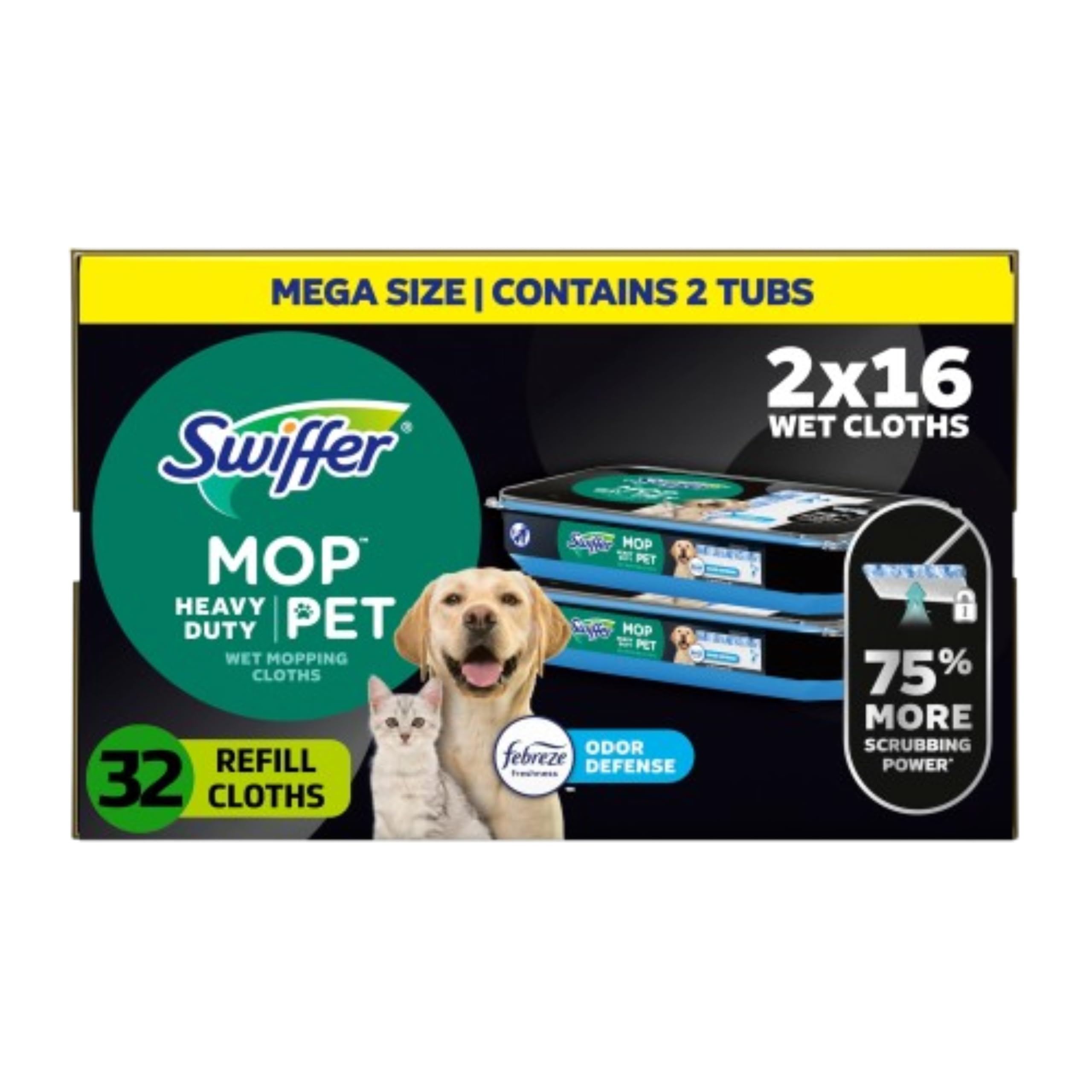 Swiffer Sweeper Pet Heavy Duty Multi-Surface Wet Cloth Refills for Floor Mopping and Cleaning, Fresh scent, 16 count, Pack of 2