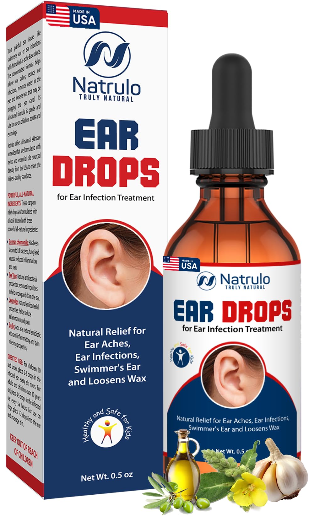 Natrulo Ear Drops for Ear Infection – Organic Ear Drops for Adult, Kids, Baby, Dog & Pets – for Ear Aches, Itchy Ears, Infections, Swimmer's Ear, & Loosen Wax – Kids Safe, Made in USA