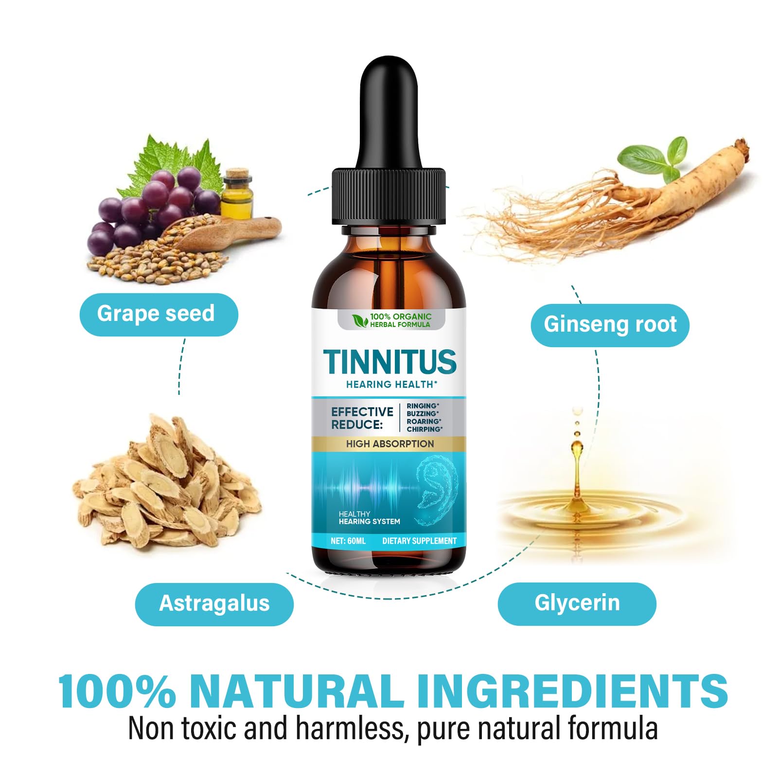Tinnitus Relief for Ringing Ears, Natural Tinnitus Support Drops, Effective Support for Men & Women