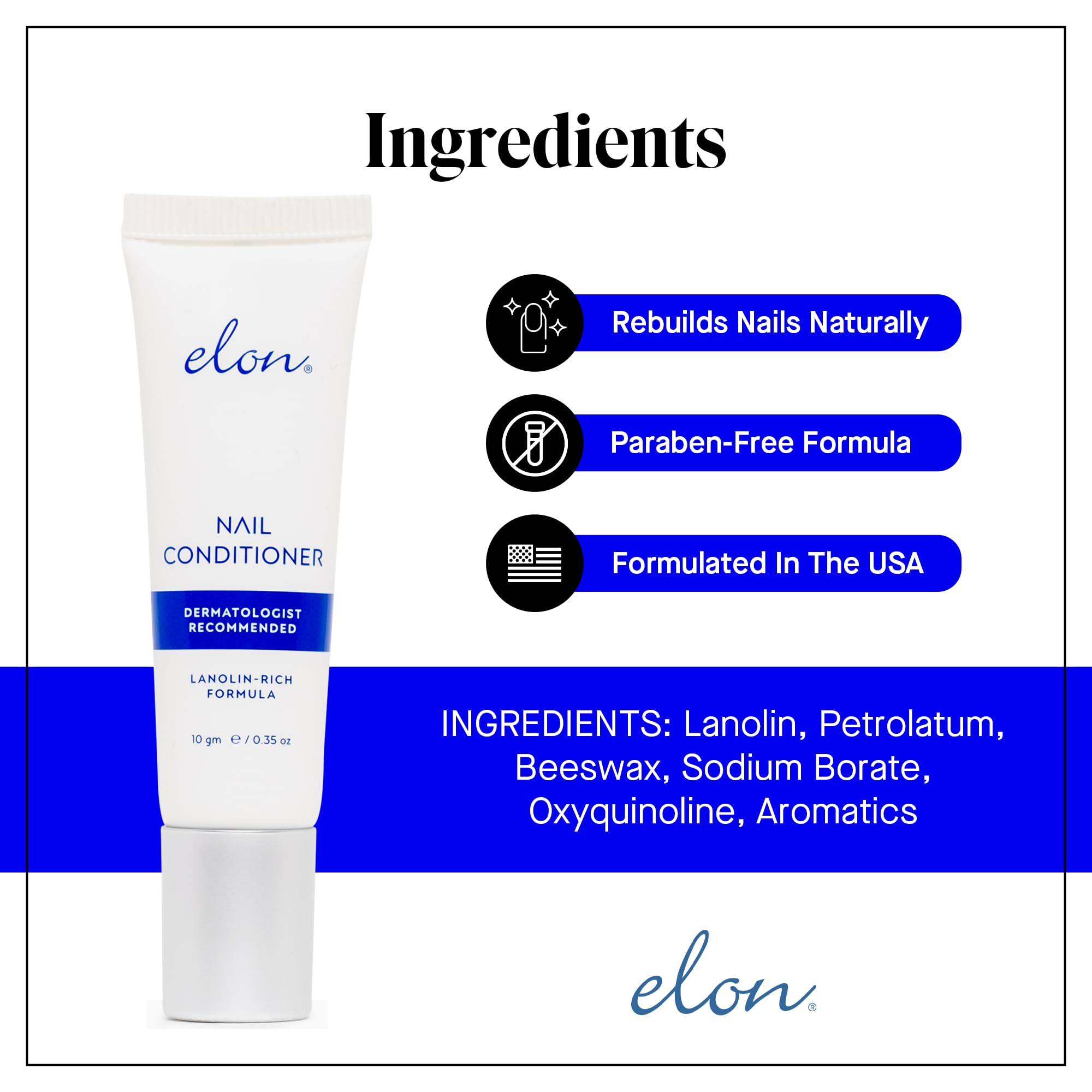 Elon Lanolin-Rich Nail Conditioner – Strengthens Nails, Protects Cuticles, Dermatologist-Recommended for Brittle & Damaged Nails (10g Tube)