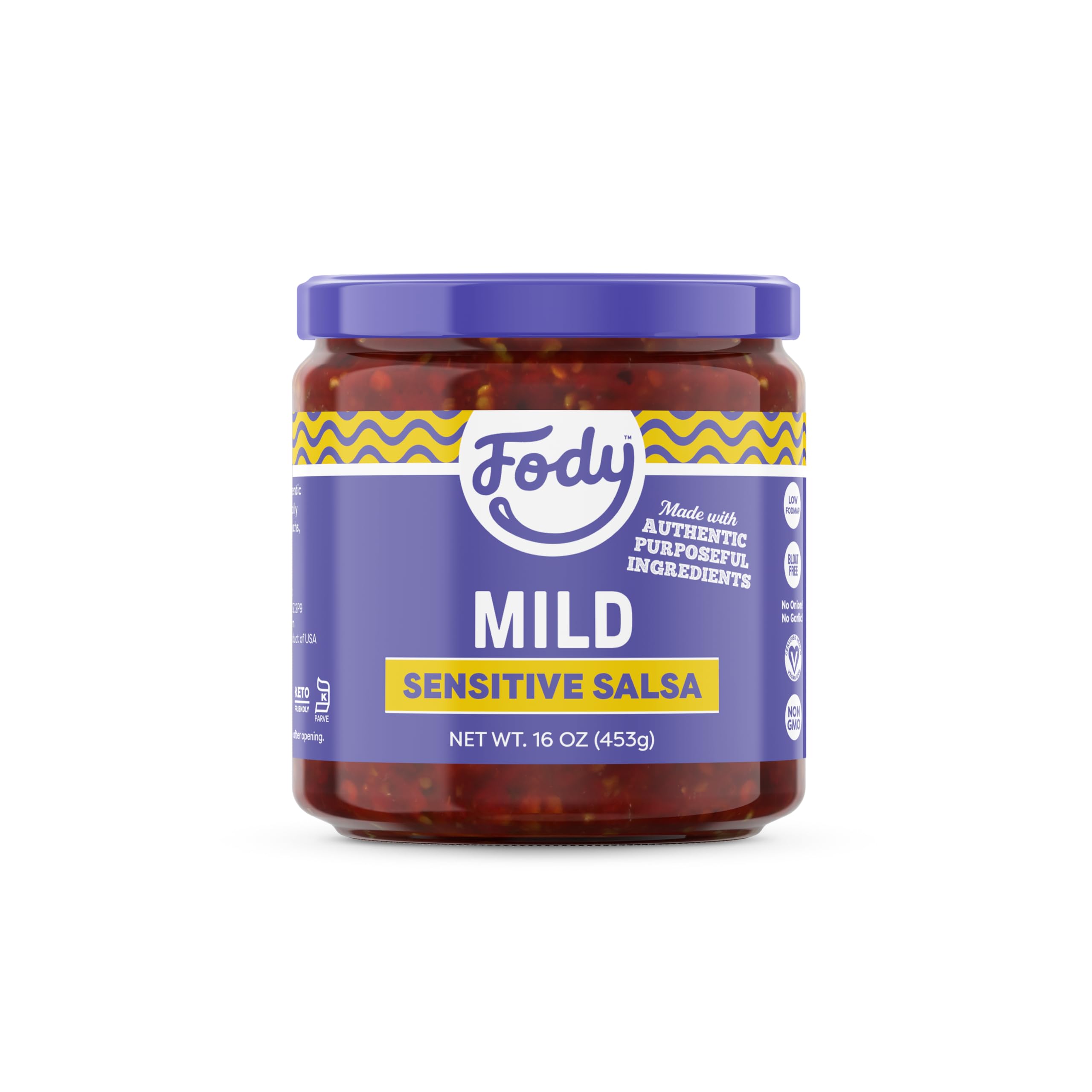 Fody Foods Mild Salsa, 16 Oz, Garlic and Onion Free, Low FODMAP Certified, Gut & IBS Friendly, Vegan, Non-GMO, Gluten Free, Keto Friendly