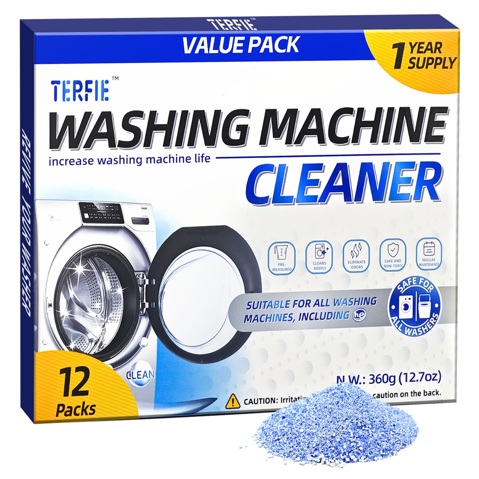 TERFIE Washing Machine Cleaner Powder Deodorizer 12 Pack， For Deep Descaling, Cleaning Front-Loading & Top-Loading Washing Machine Drum Interiors And Drum Seal, Septic Tank Safe - 12 Month Supply