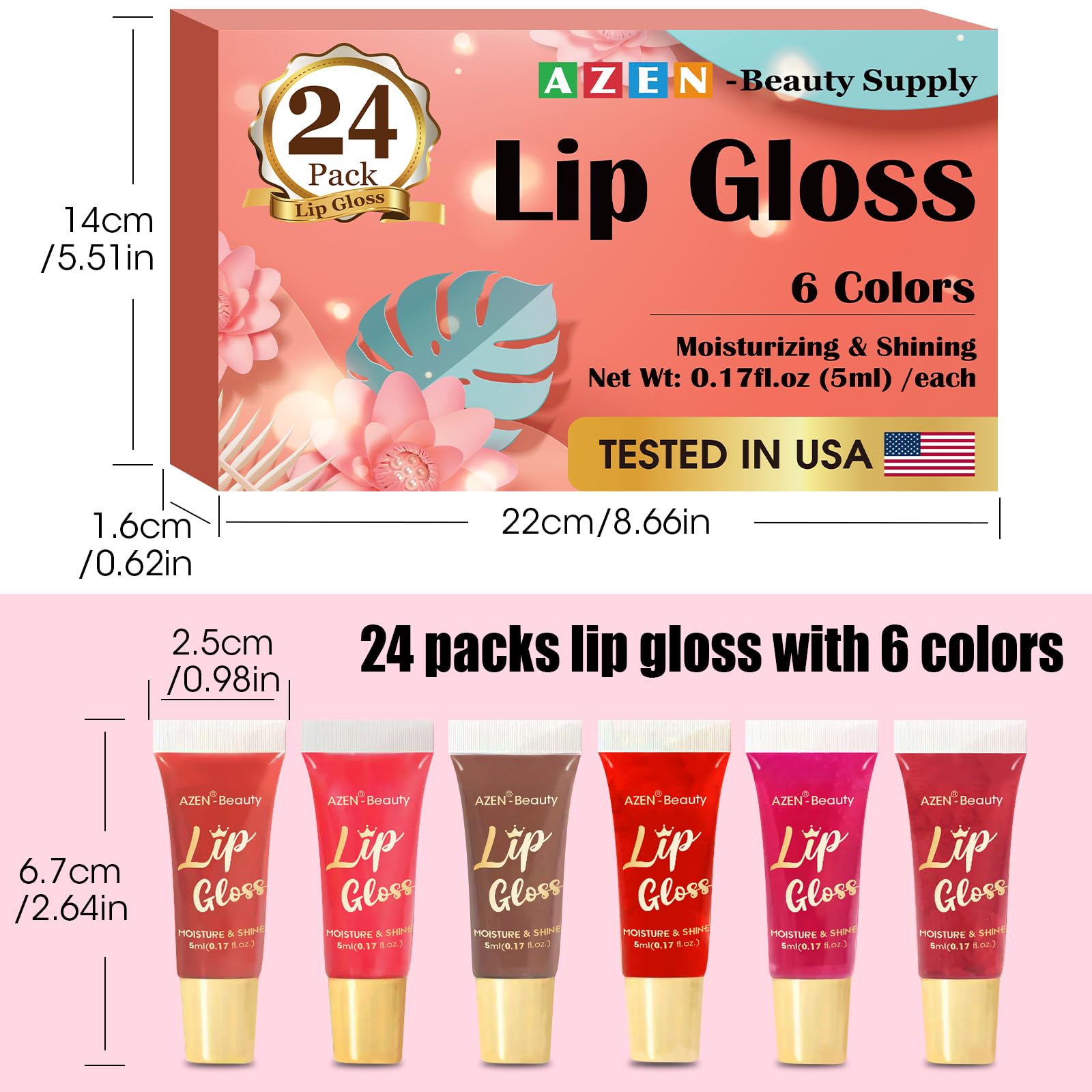 AZEN 24 Pack Lip Gloss Set, Color Lip Oil for Dry Cracked Lips Moisturizing Hydrating Nourishing with Vitamin E