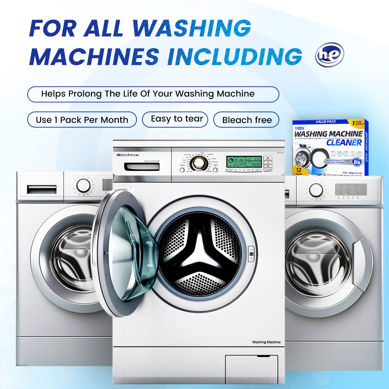 TERFIE Washing Machine Cleaner Powder Deodorizer 12 Pack， For Deep Descaling, Cleaning Front-Loading & Top-Loading Washing Machine Drum Interiors And Drum Seal, Septic Tank Safe - 12 Month Supply