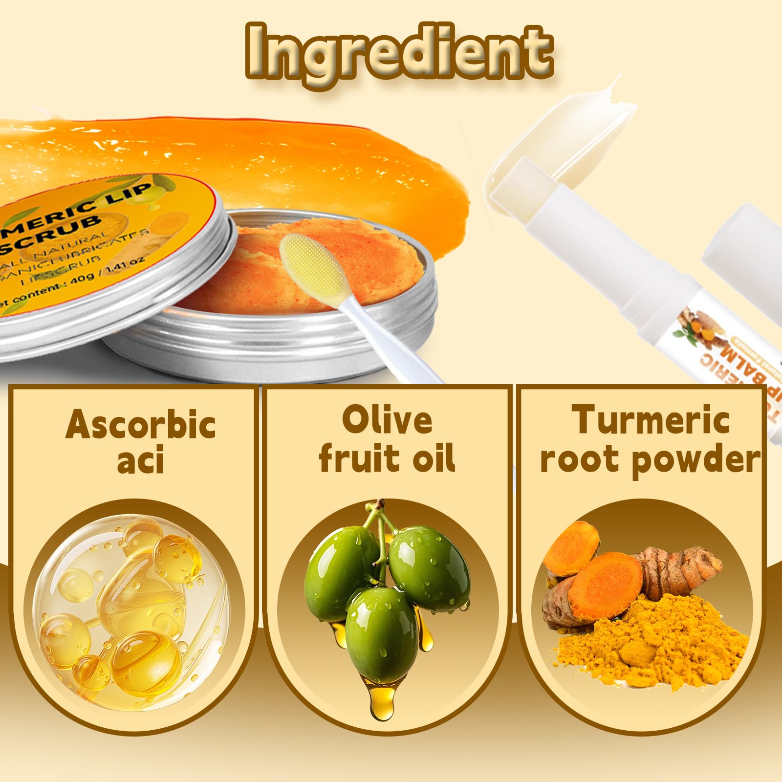 HAIOLORPRO 4PCS Turmeric Lip Scrub and Turmeric Lip Balm with Brush Set, Natural Lip Scrubber Exfoliator for Dry, Dull, Chapped, Dark lips, Reduces Fine Lines, Deeply Hydrates and Moisturizes