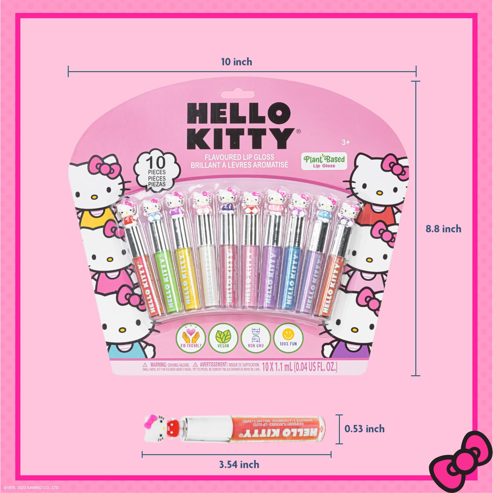 Hello Kitty 10 Piece Plant Based Lip Gloss, Girls Party Favors, First Makeup Set for Girl, Perfect for Parties, Sleepovers, and Birthday Gifts, Ages 3+, by Townley Girl