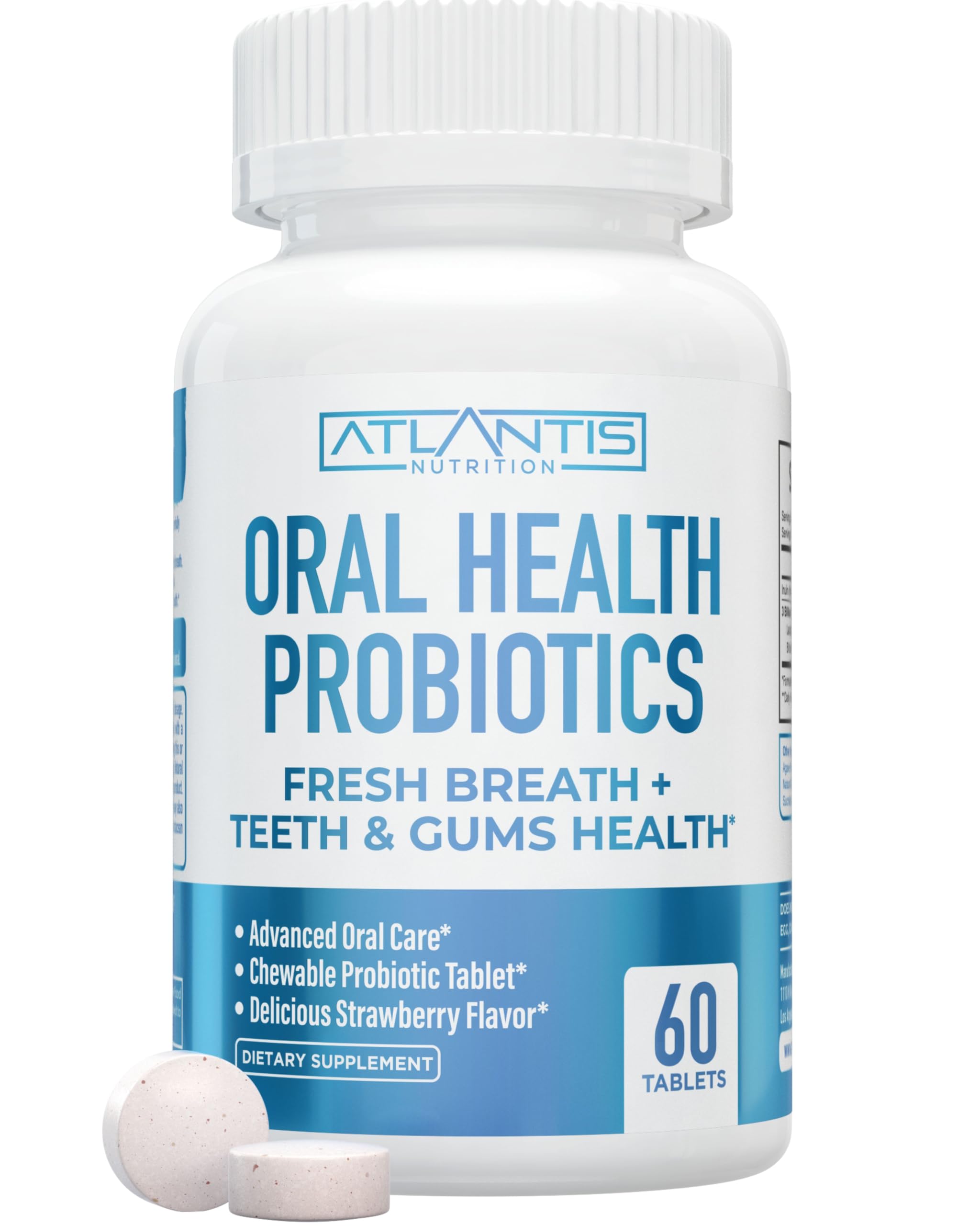 Atlantis Nutrition Oral Probiotics Chewable Tablet - Dental Probiotic for Gum Care & Teeth Care - Bad Breath Treatment for Adults - 3 Billion CFU Probiotic Blend - Strawberry Flavor - 60 Tablets
