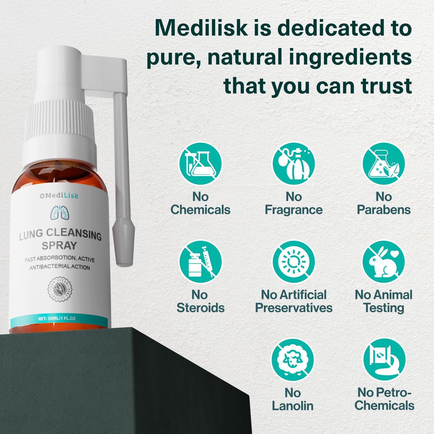MediLisk Lung Cleansing Spray – Respiratory Support, Mucus Relief and Lung Cleanse – Support for Lung Detox for Smokers – Herbal Extract Formula – Hypoallergenic, Non-Steroidal – 1 oz – Pack of 1