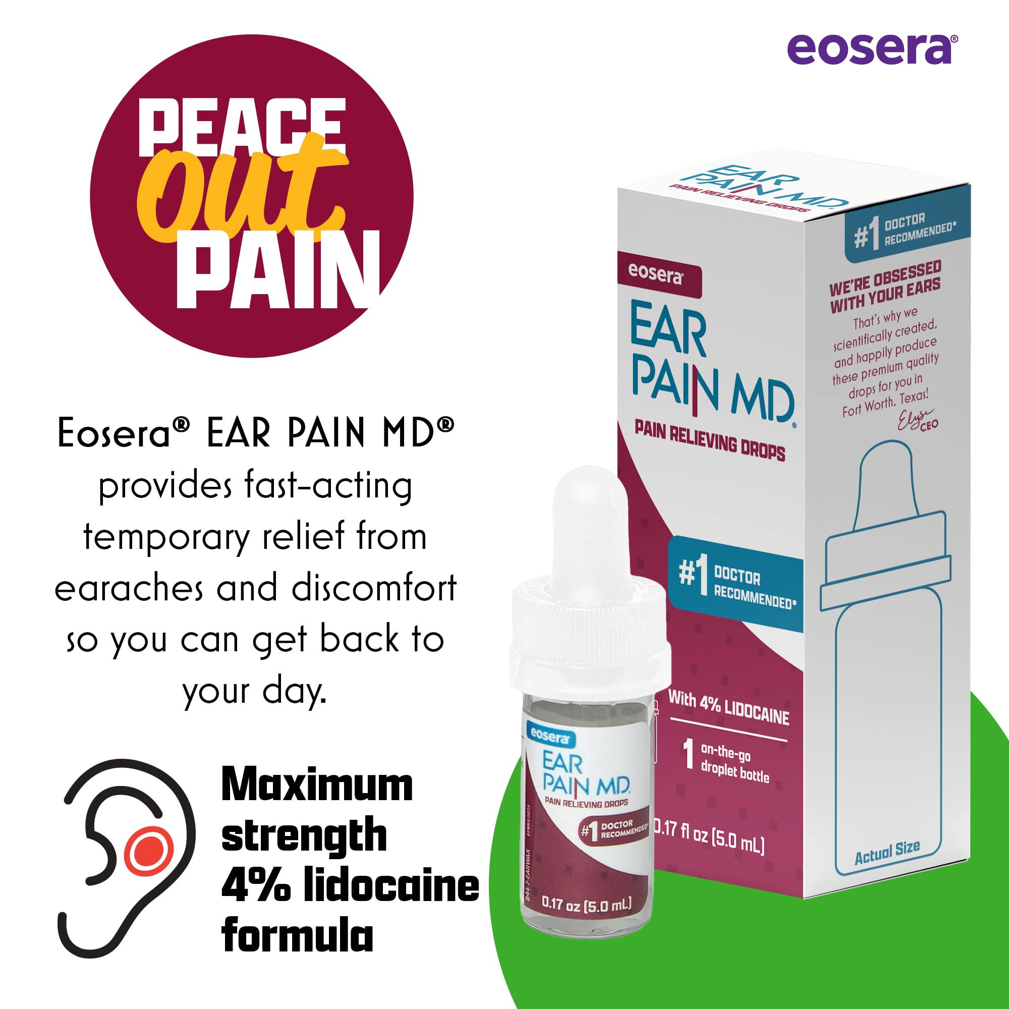 Eosera Ear Pain MD® - 4% Lidocaine Ear Drops for Maximum Strength Earache Pain Relief - Fast-Acting, Numbing Earache Treatment for Adults & Kids (5 mL)