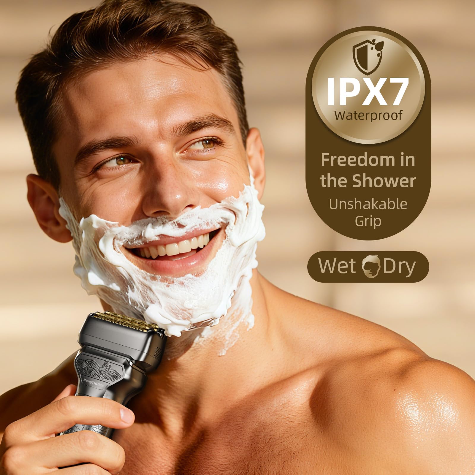 PongTHUMB Electric Foil Shaver for Men: Rechargeable Razor with Push-Up Trimmer for Face - Cordless Wet/Dry/Anti-Slip Waterproof Shavers with LED Display - Metal Handheld Design, Gray Silver Gift