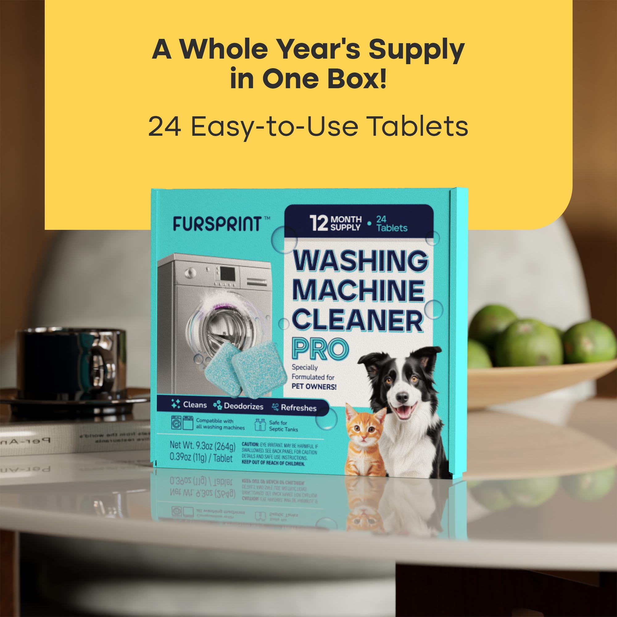 Fursprint Washing Machine Cleaner Tablets - 24 Pack for a 12 Month Supply. Formulated for Pet Owners. Compatible with HE, Top & Front Load. Easily Removes Residue, Grime. Value Brand by Uproot Clean