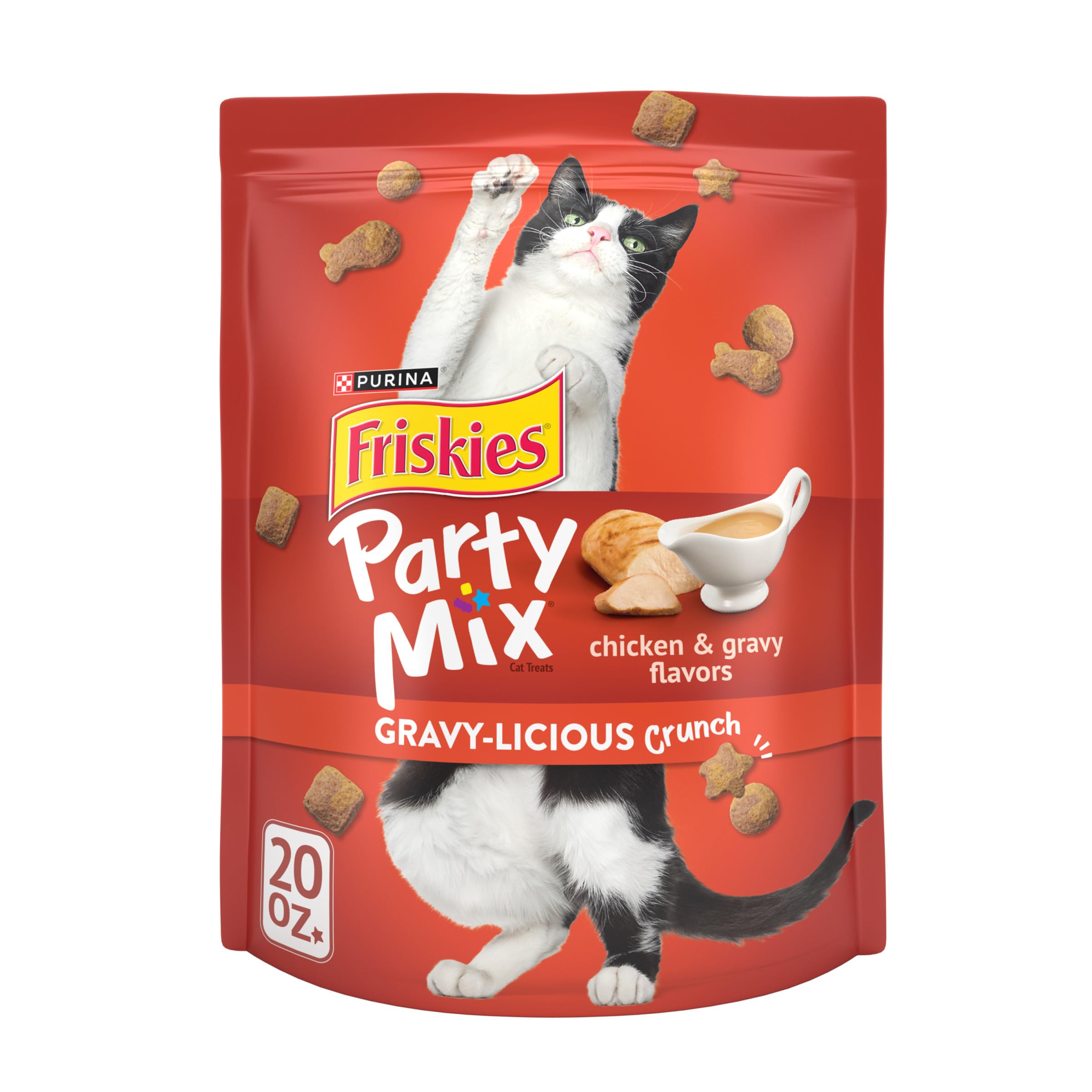 Purina Friskies Cat Treats, Party Mix Gravy-licious Crunch Chicken and Gravy Flavors - 20 oz. Pouch