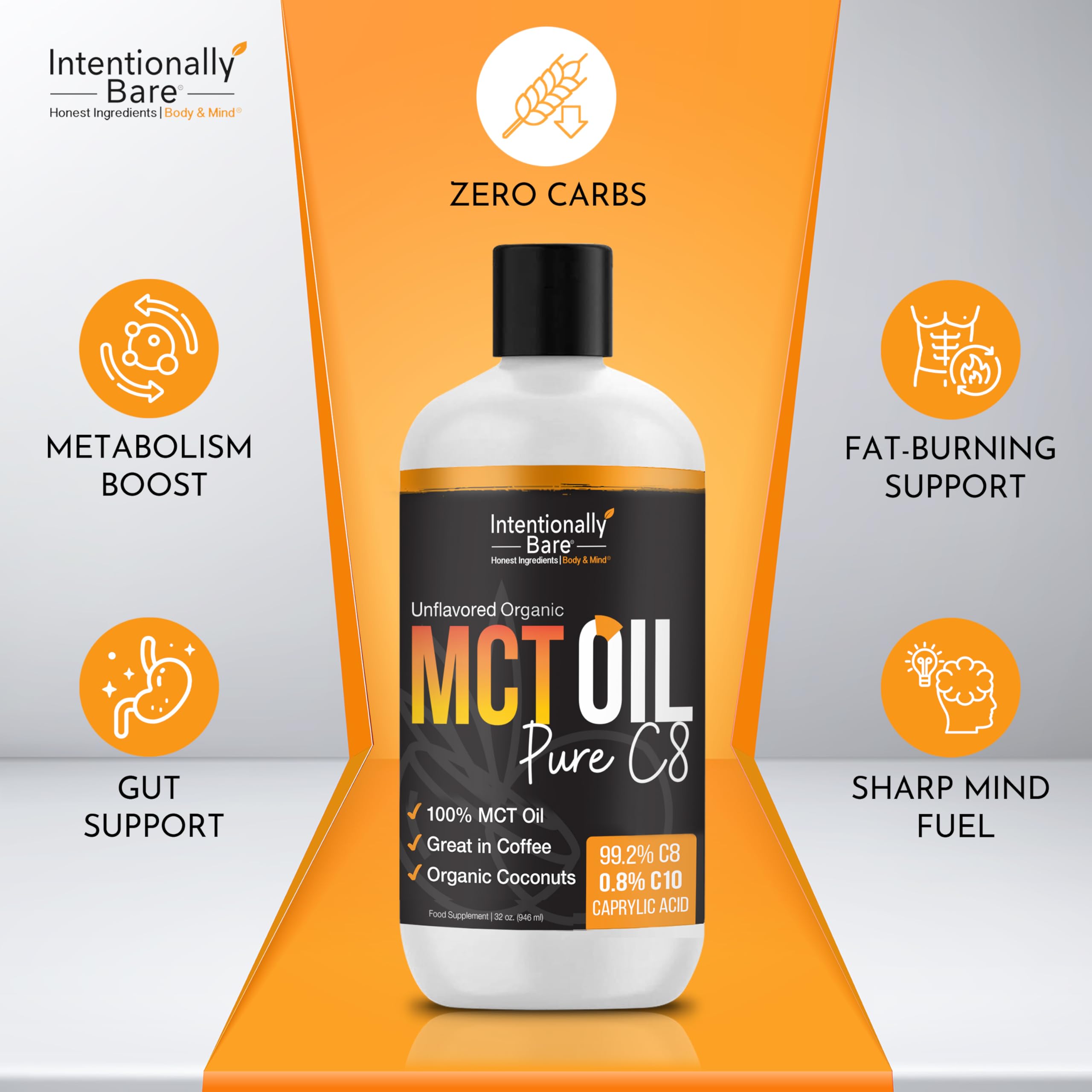 Intentionally Bare Pure C8 MCT Oil Organic - Brain Octane C8 MCT Oil for Clean Energy, Keto Paleo and Vegan Diet - Unflavored Brain Octane for Coffee, Shakes and Salads - Coconut MTC 32oz