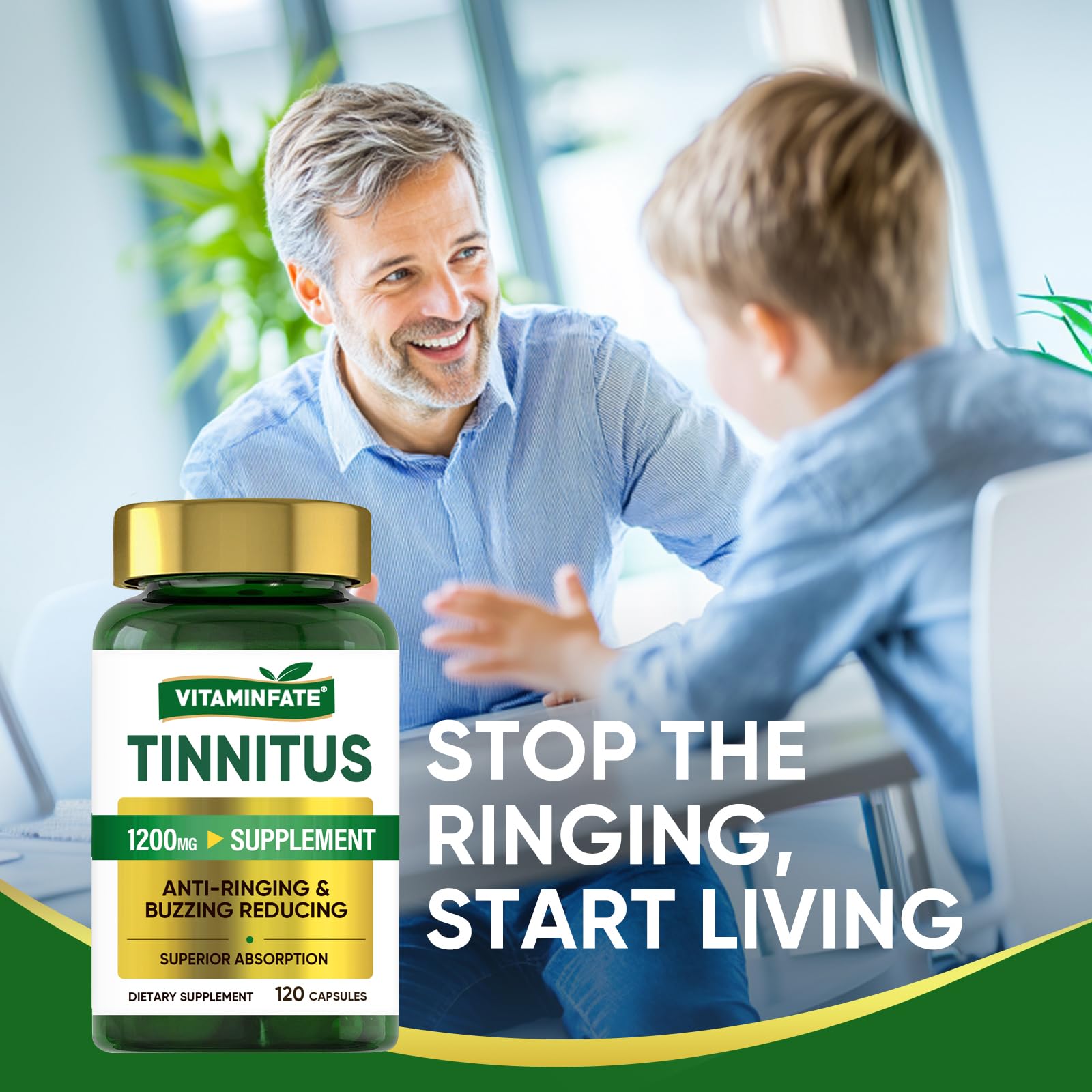 VITAMINFATE Tinnitus Relief for Ringing Ears Supplement 1200mg - 120 Capsules | Supports Ear Health and Reduces Tinnitus Symptoms