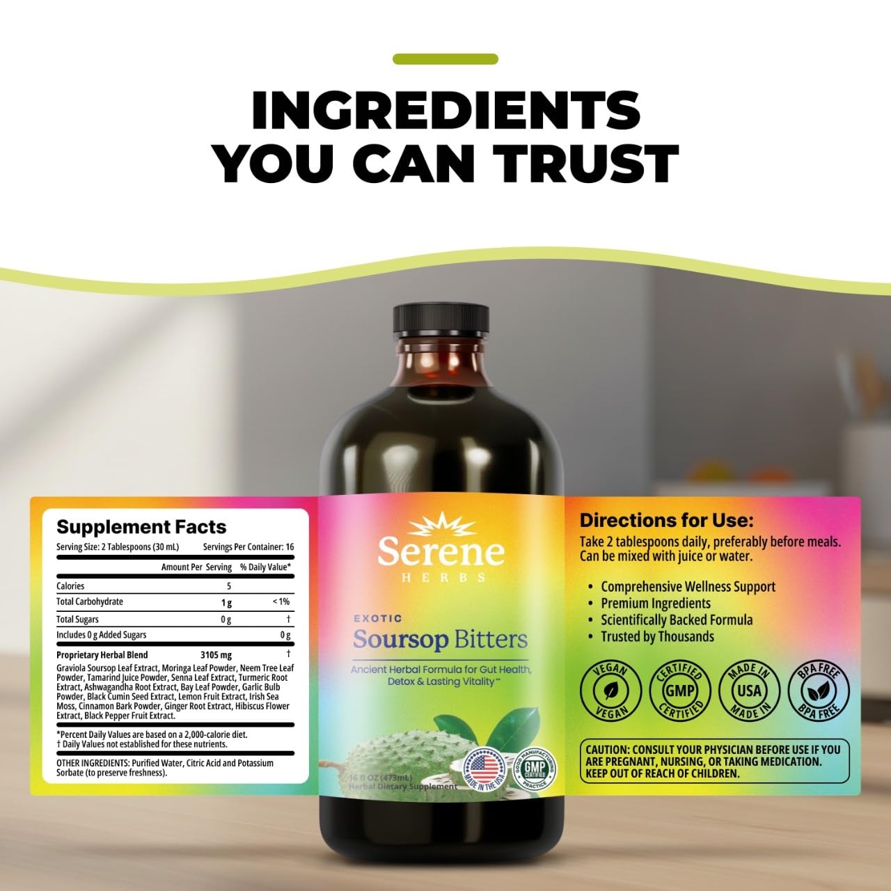 Serene Herbs - Soursop Bitters Liquid - Organic Herbal Guanabana Detox with Black Seed, Moringa & Ginger - Supports Digestive Wellness & Immune Function - 16 fl oz