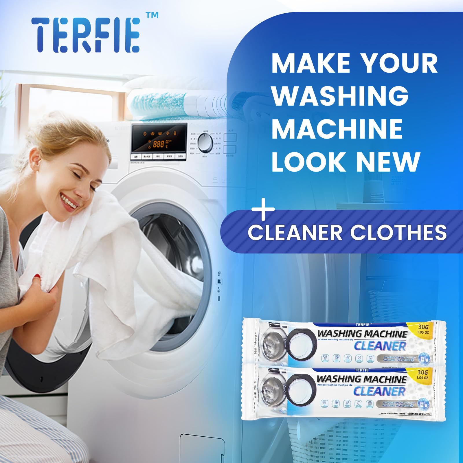 TERFIE Washing Machine Cleaner Powder Deodorizer 12 Pack， For Deep Descaling, Cleaning Front-Loading & Top-Loading Washing Machine Drum Interiors And Drum Seal, Septic Tank Safe - 12 Month Supply