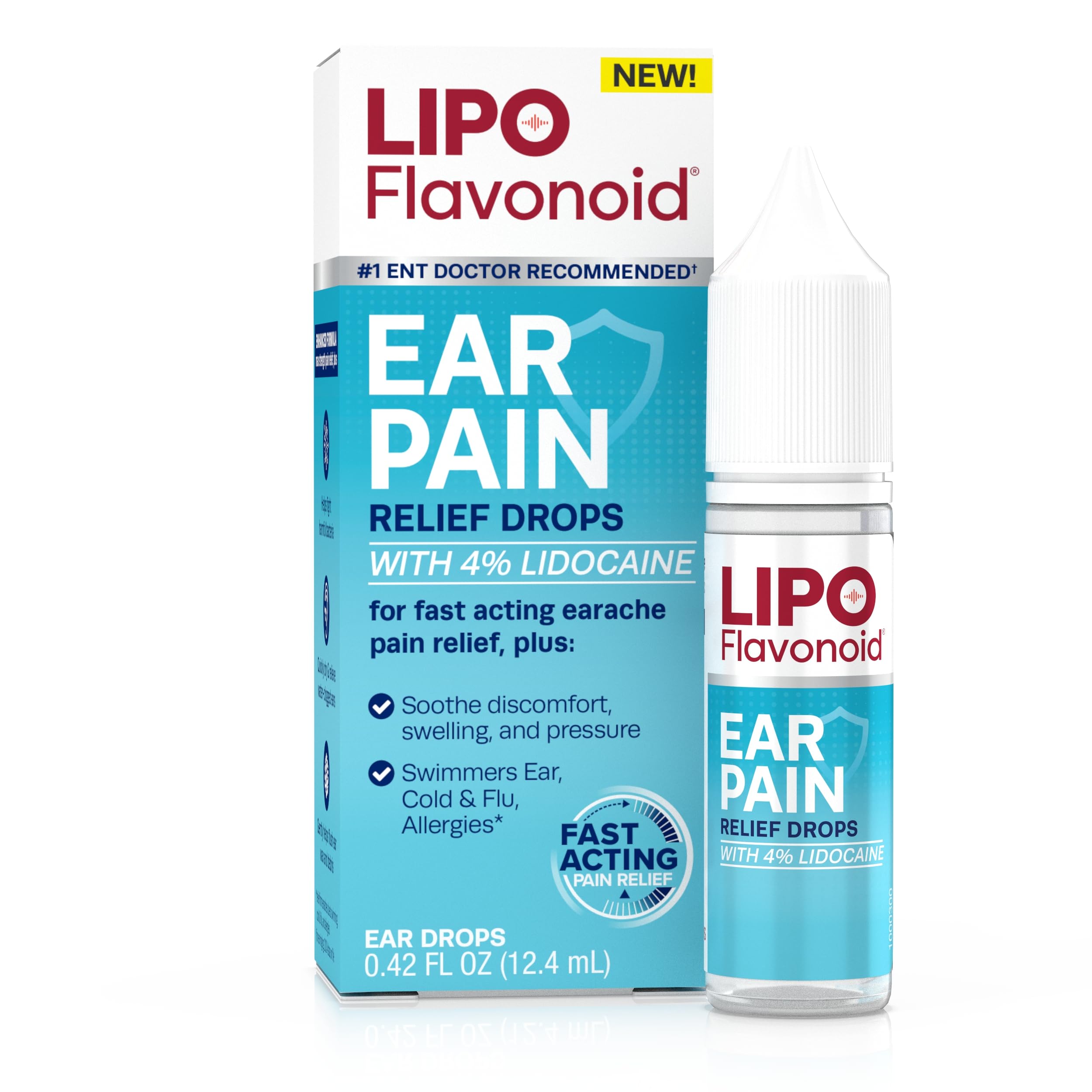 Lipo-Flavonoid Fast-Acting Ear Ache Pain Relief, 4% Lidocaine Maximum-Strength for Swimmer's Ear, Cold & Flu, Allergies, Safe for Adults & Children, Relieves Ear Pain, Swelling, & Water-Clogged Ears