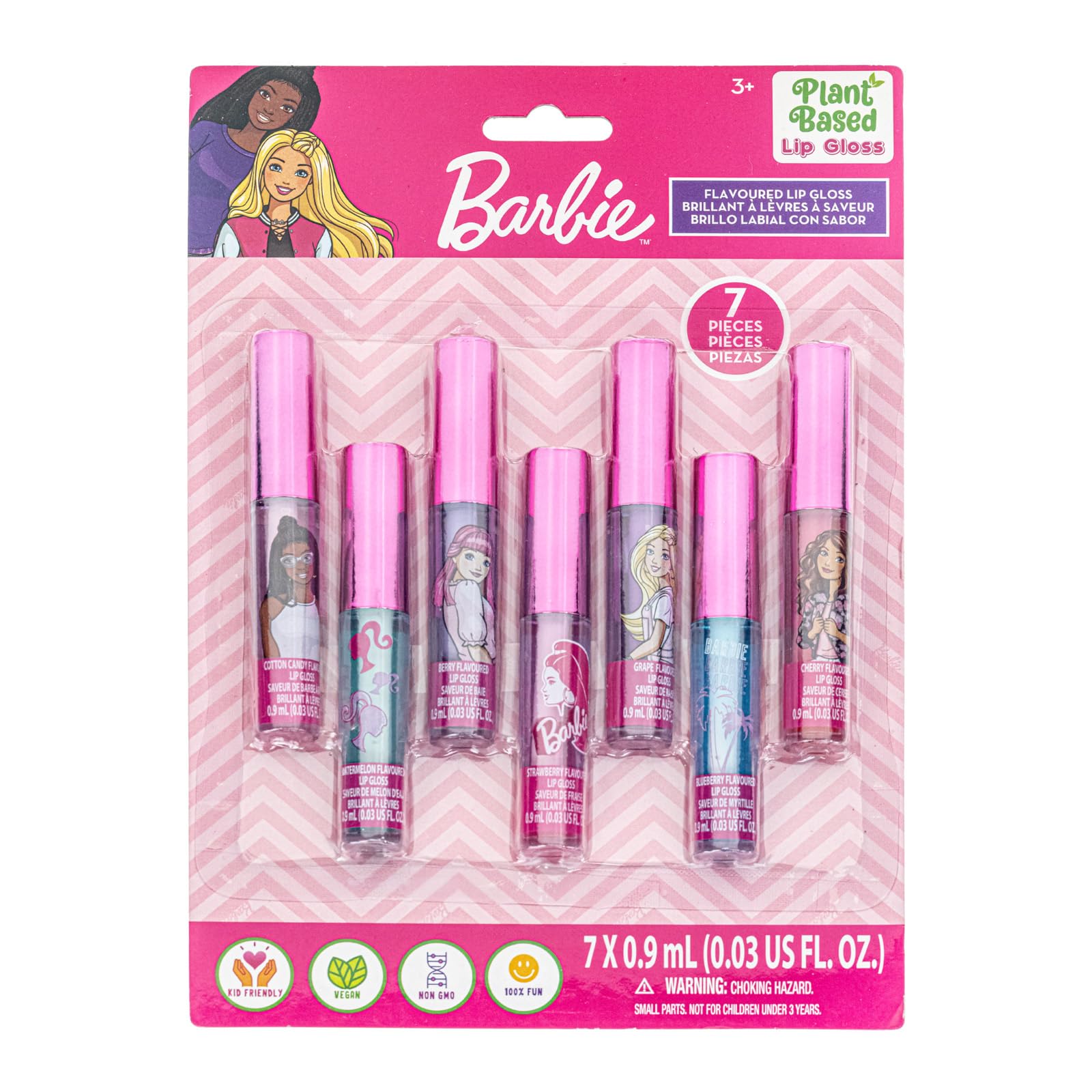 Barbie 7 Piece Plant Based Lip Gloss, Girls Party Favors, First Makeup Set for Girl, Perfect for Parties, Sleepovers, and Birthday Gifts, Ages 3+, by Townley Girl