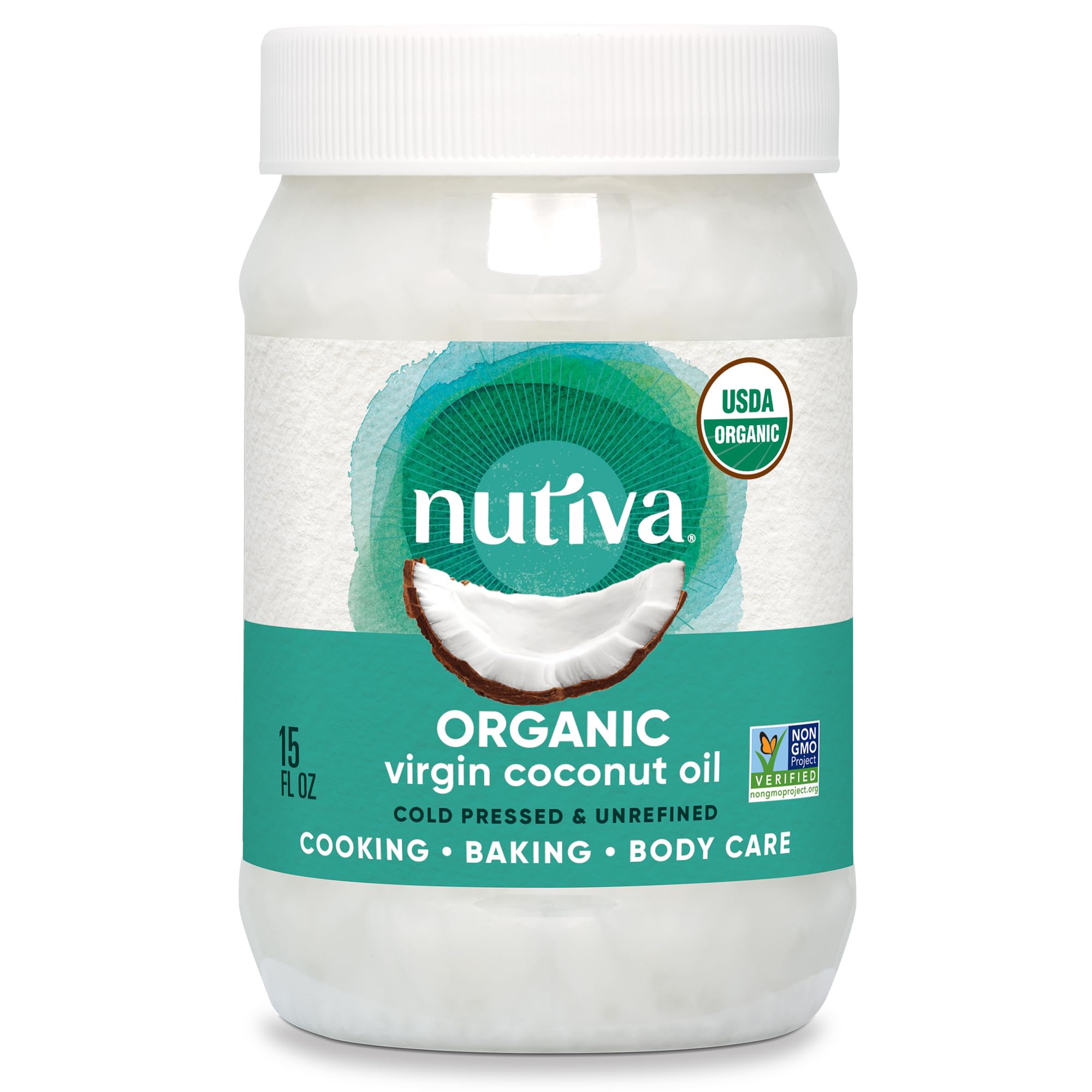 Nutiva Organic Cold-Pressed Virgin Coconut Oil, USDA Organic, Non-GMO, Fair Trade, Vegan, Keto, Paleo, Fresh Coconut Flavor and Aroma for Cooking & Healthy Skin and Hair, 15 Fl Oz
